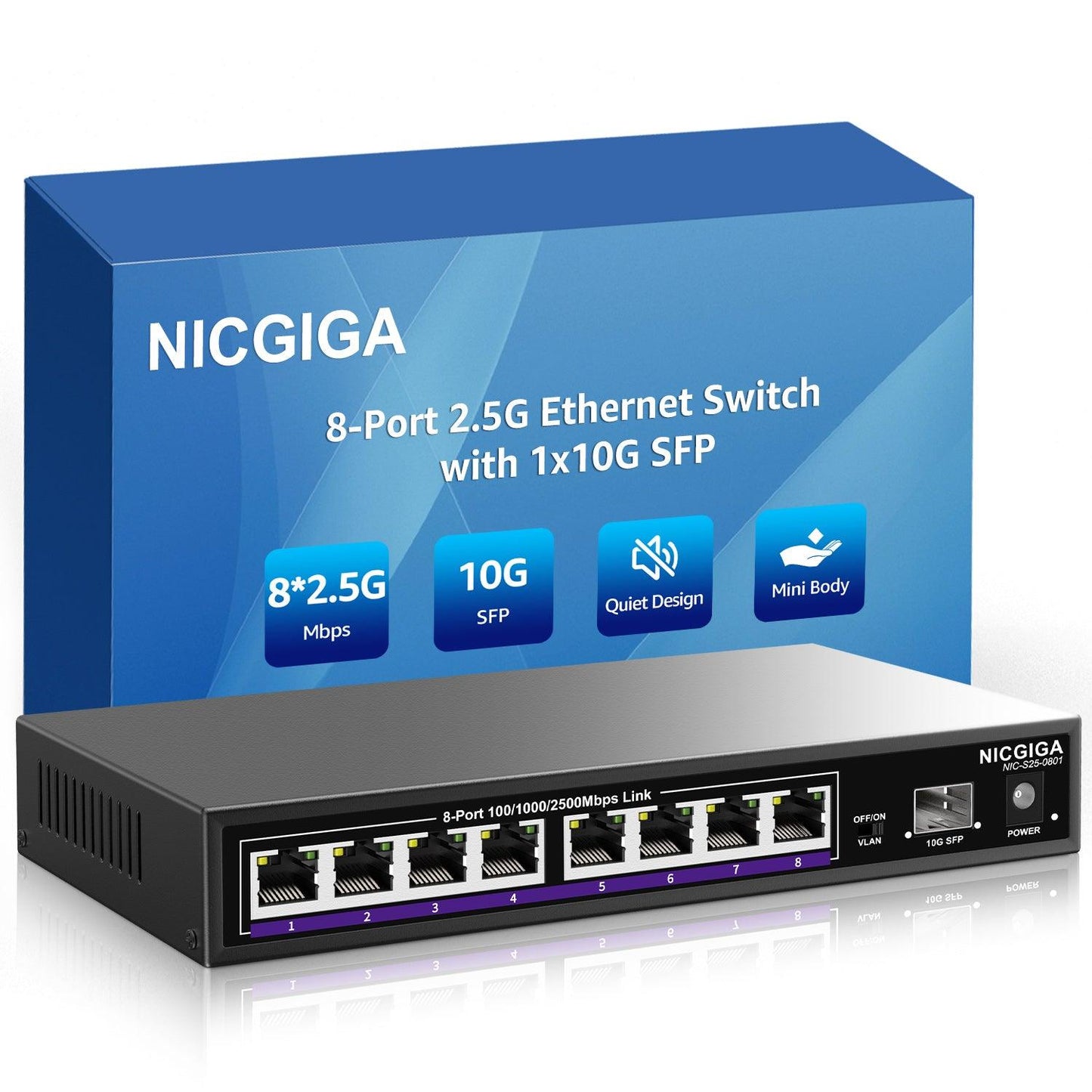 NICGIGA 8 Port 2.5G Ethernet Switch + 10G SFP Uplink, Unmanaged 2.5Gb Network Switch, One-Key VLAN, Plug & Play, Desktop/Wall-Mount, Fanless Metal Design.