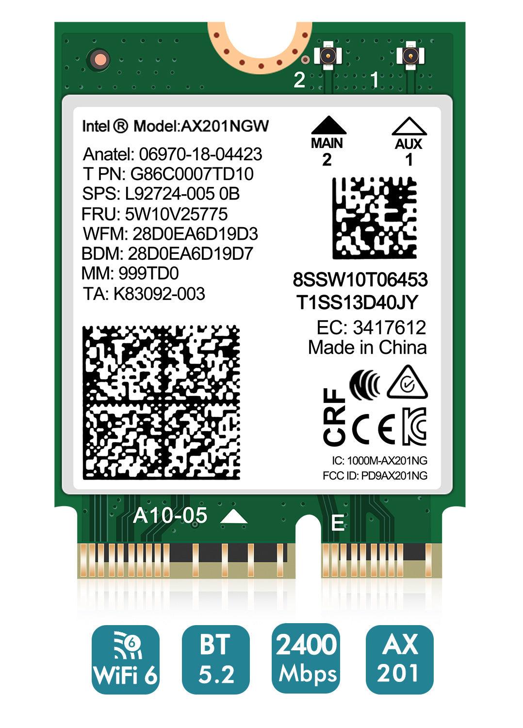 WiFi 6 Wireless Card Intel AX201 NGW M.2: CNVio2, Bluetooth 5.2, 2400Mbps Network Adapter for Laptop Support Windows 10/11 (64bit) Only Available with Gen Intel 10+ CPU