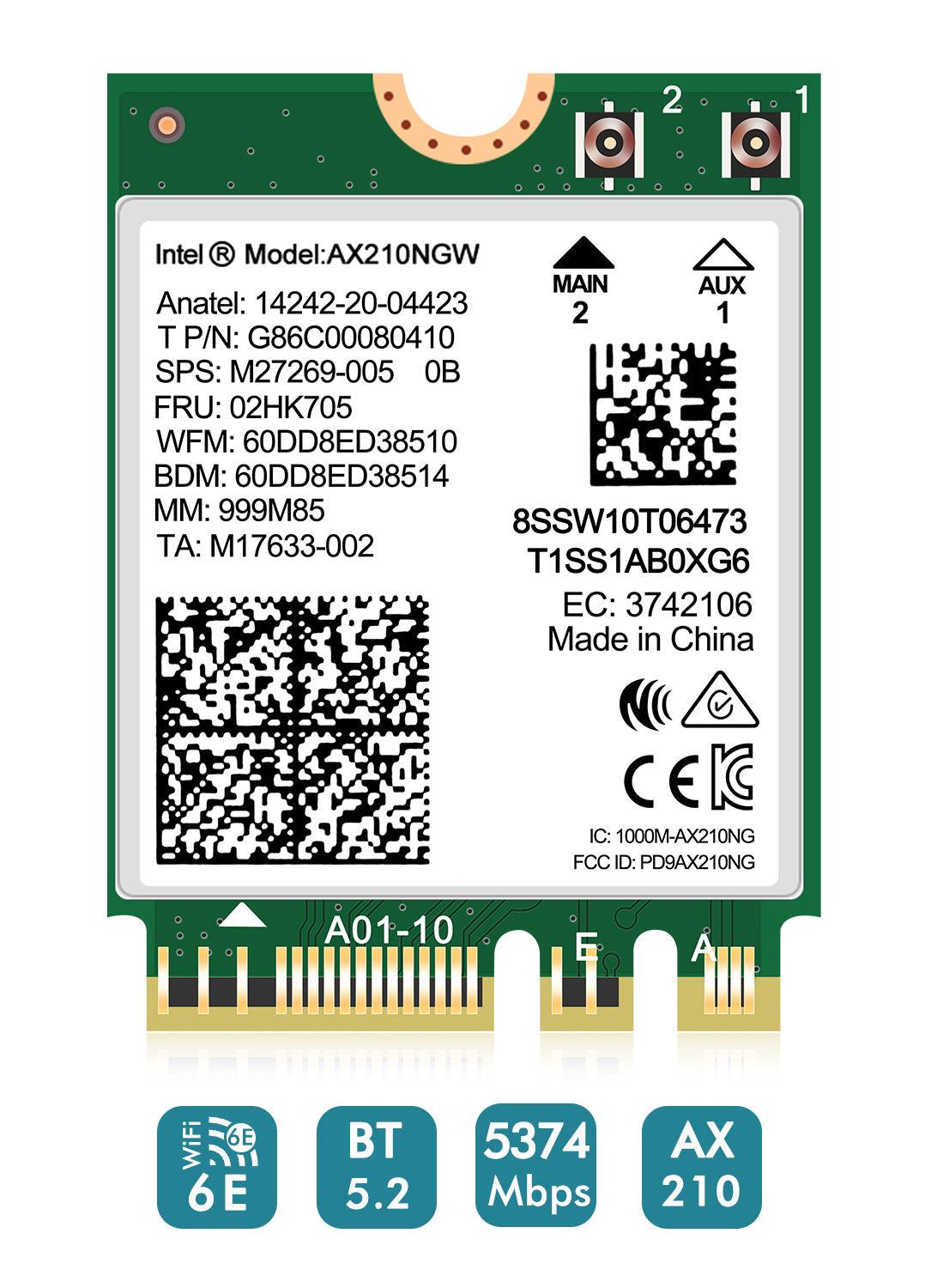WiFi 6E Wireless Card Intel AX210 NGW Bluetooth 5.3 Tri-Band 5400Mbps Network Adapter for Laptop Support Windows 10/11 (64bit) M.2/NGFF