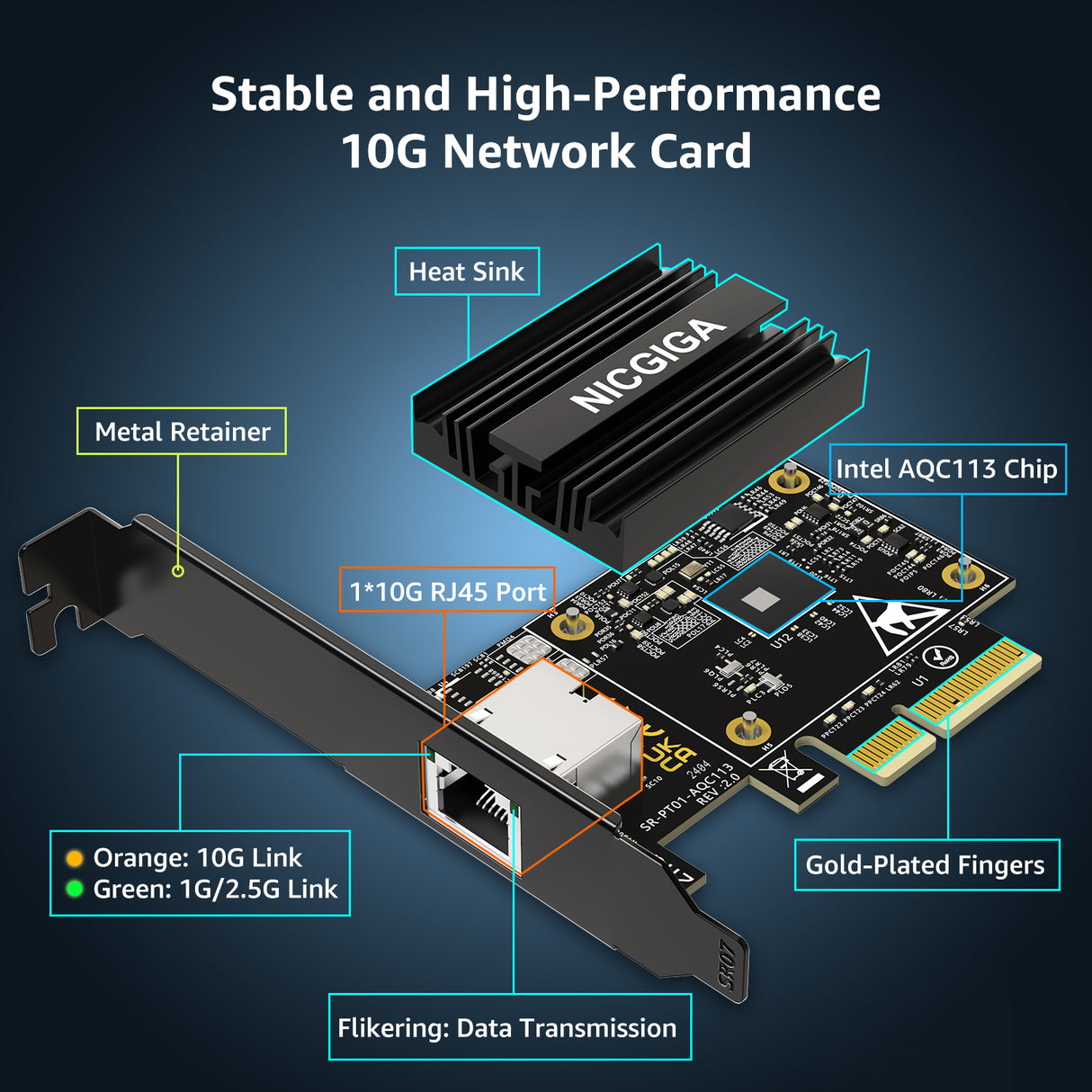 Carte réseau PCI-e 10G Base-T, contrôleur Marvell AQtion AQC113C, adaptateur Ethernet NICGIGA 10 Go, carte NIC port RJ45 10 Gbe, Windows 10/11/Windows Server/Linux