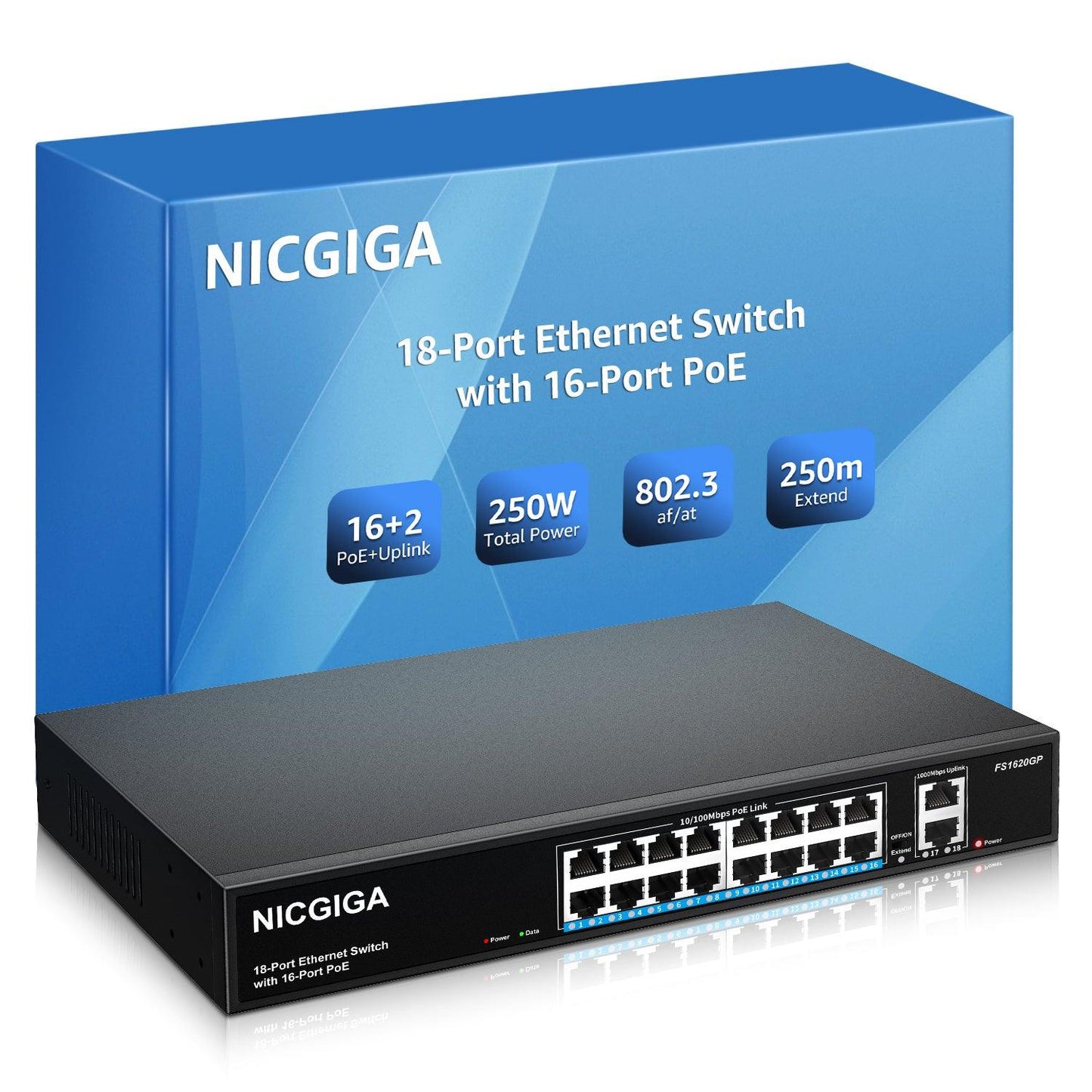 16 Port PoE Switch@250W with 2 Gigabit Uplink Port, NICGIGA 18 Port Ethernet PoE Switch, VLAN Mode, Extend to 250m, Sturdy Metal Case, 19 inch RackMount, Plug and Play, Unmanaged