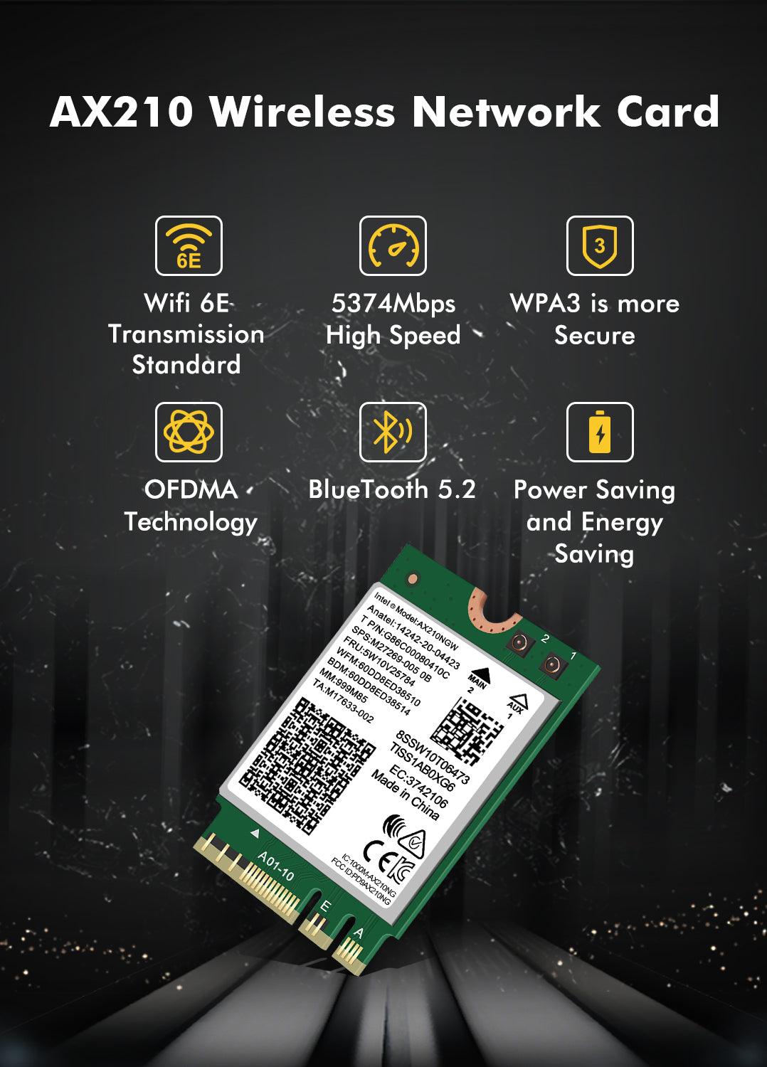 WiFi 6E Wireless Card Intel AX210 NGW Bluetooth 5.3 Tri-Band 5400Mbps Network Adapter for Laptop Support Windows 10/11 (64bit) M.2/NGFF