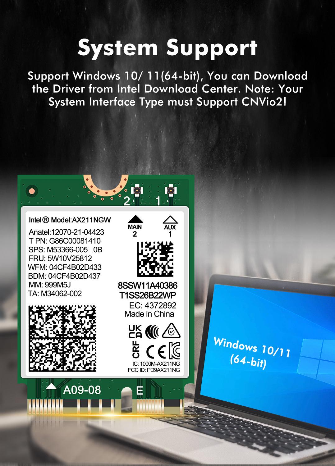 WiFi 6E Wireless Card Intel AX211 NGW. Only Support CNVio2 Protocol and Intel 12/13th Generation CPU, Bluetooth 5.3, Tri-Band 5400Mbps, Network Adapter for Laptop Support Windows 10/11 (64bit),Linux. - NICGIGA
