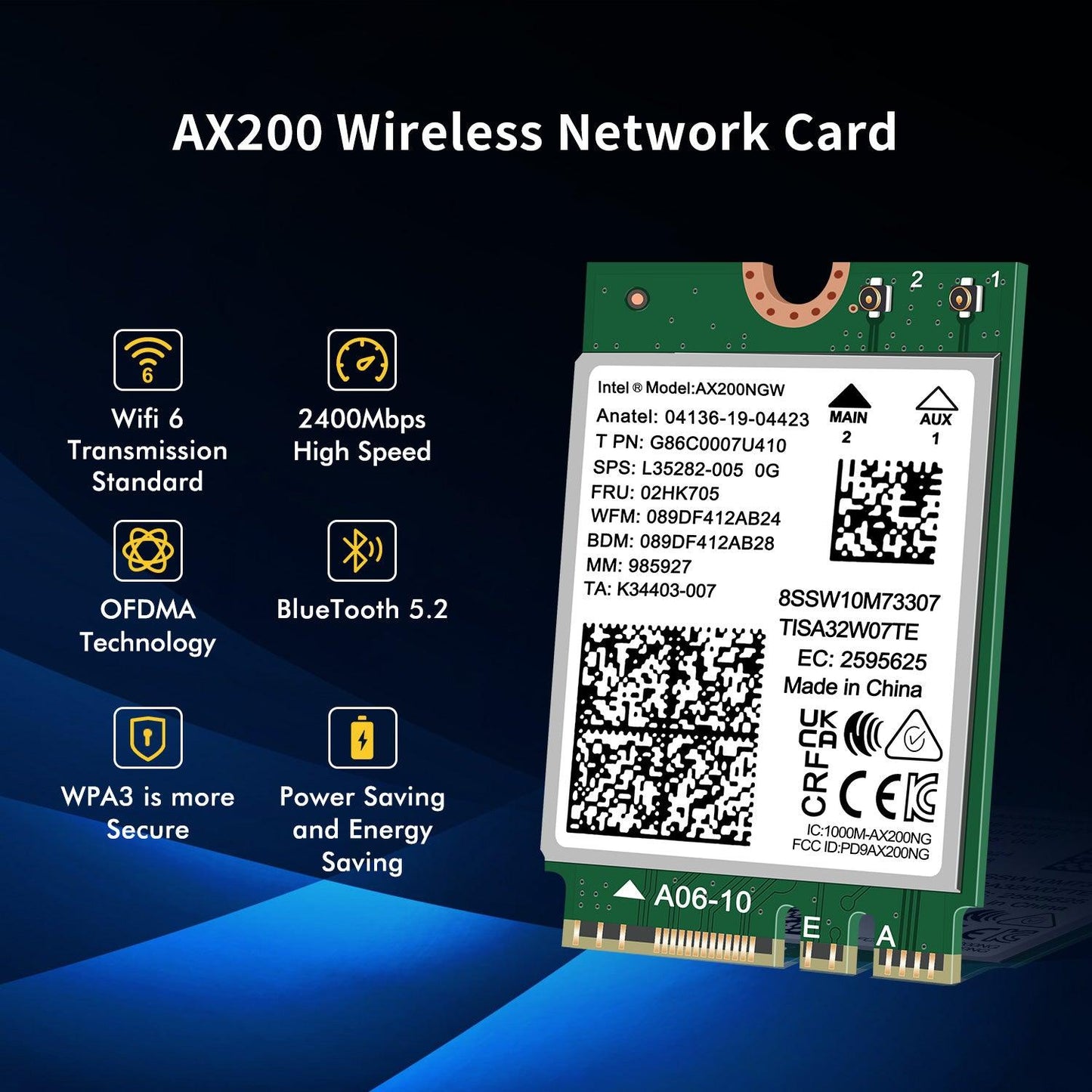 WiFi 6 Wireless Card Intel AX200 NGW, Bluetooth 5.2, 2400Mbps Network Adapter for Laptop Support Windows 10/11 (64bit) M.2/NGFF
