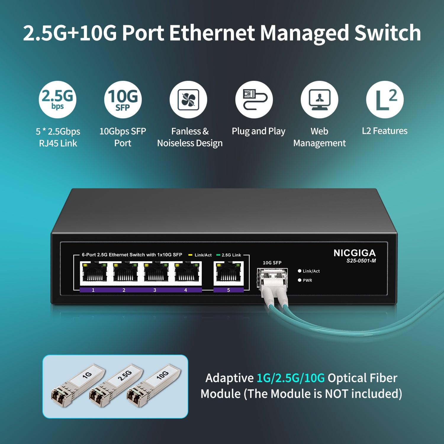 6 Port 2.5G Web Smart Managed Ethernet Switch, 5x2.5Gbps Base-T&1x 10Gbps SFP Uplink, QoS/VLAN/IGMP/LAG Network Function, Ideal for 2.5Gb Network NAS/PC,WiFi6 Router,Wireless AP. - NICGIGA