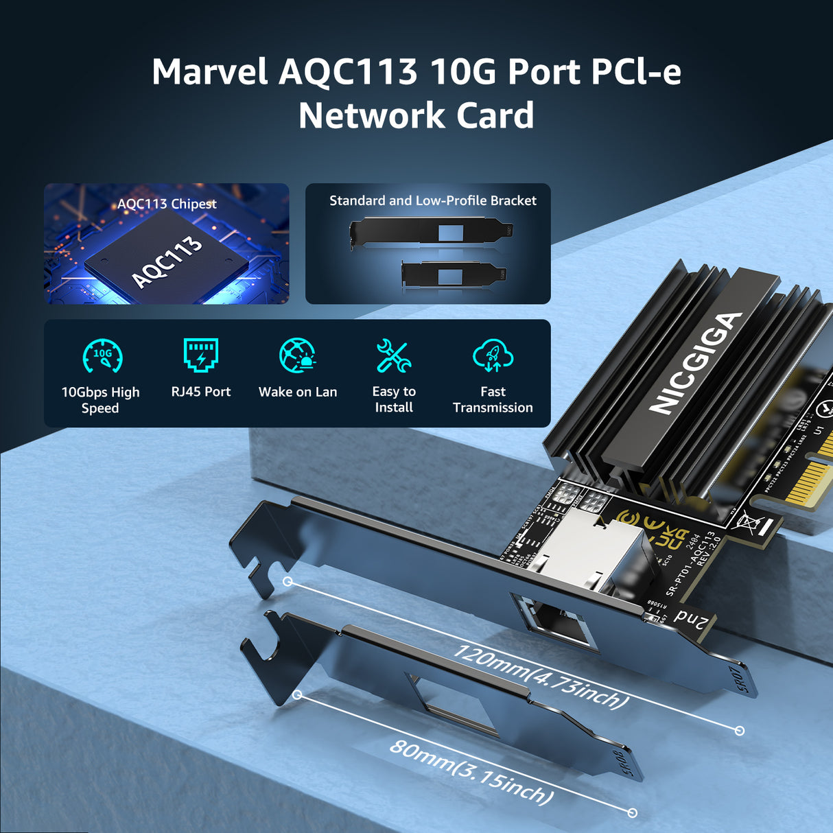 Carte réseau PCI-e 10G Base-T, contrôleur Marvell AQtion AQC113C, adaptateur Ethernet NICGIGA 10 Go, carte NIC port RJ45 10 Gbe, Windows 10/11/Windows Server/Linux