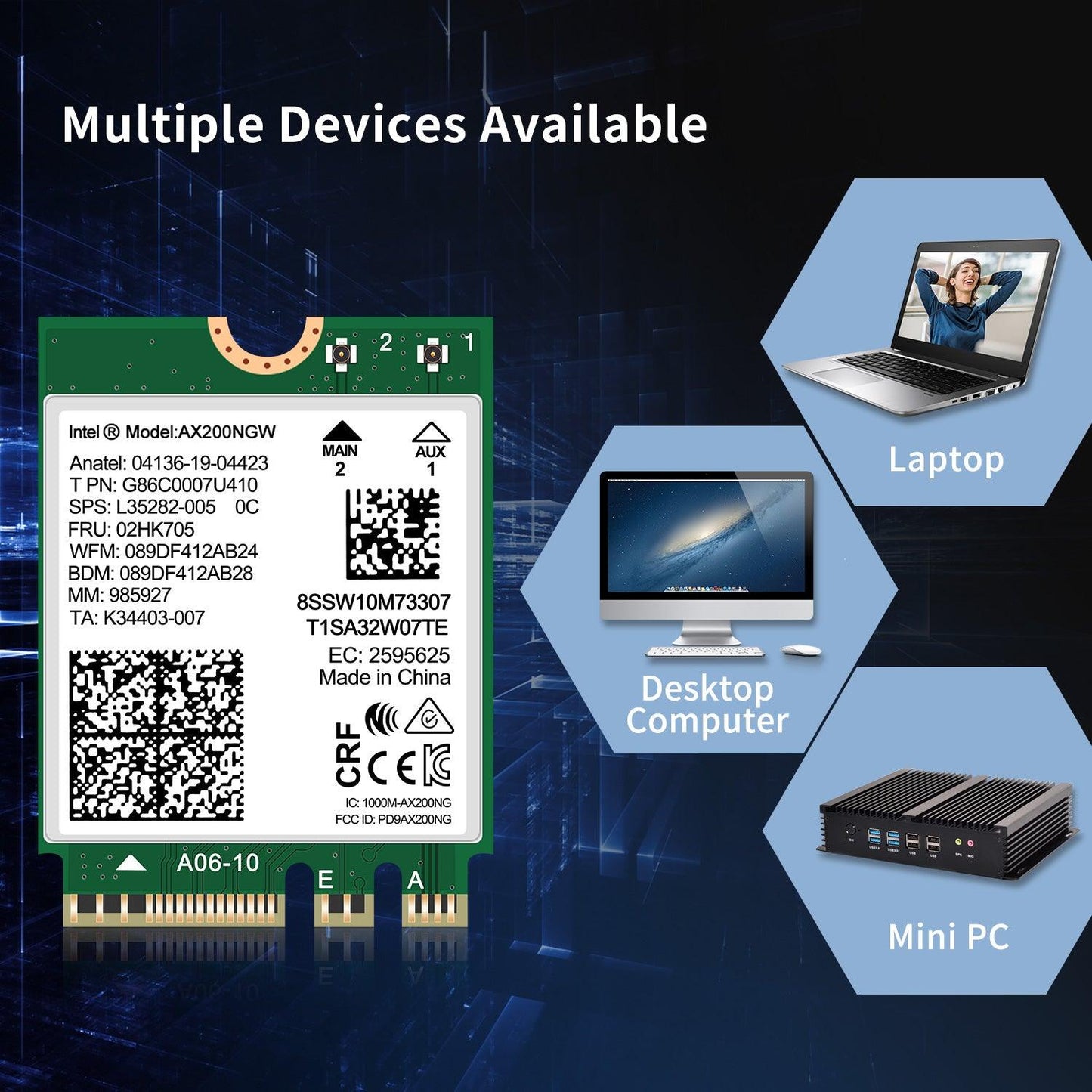 WiFi 6 Wireless Card Intel AX200 NGW, Bluetooth 5.2, 2400Mbps Network Adapter for Laptop Support Windows 10/11 (64bit) M.2/NGFF