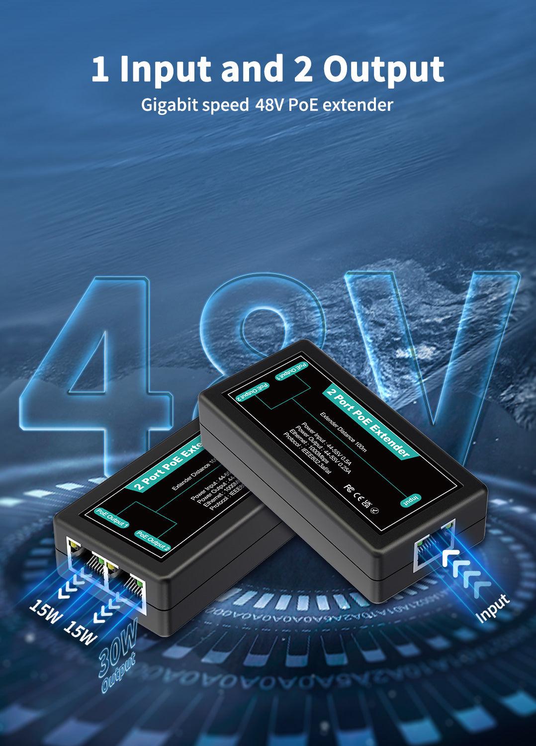 1 in 2 Out Gigabit PoE Extender, NICGIGA 2 Port PoE Repeater 100 Meters(328 ft),IEEE 802.3af/at Power Over Ethernet PoE Splitter to 2 PoE Devices Like IP Cameras, IP Phone, Wireless AP