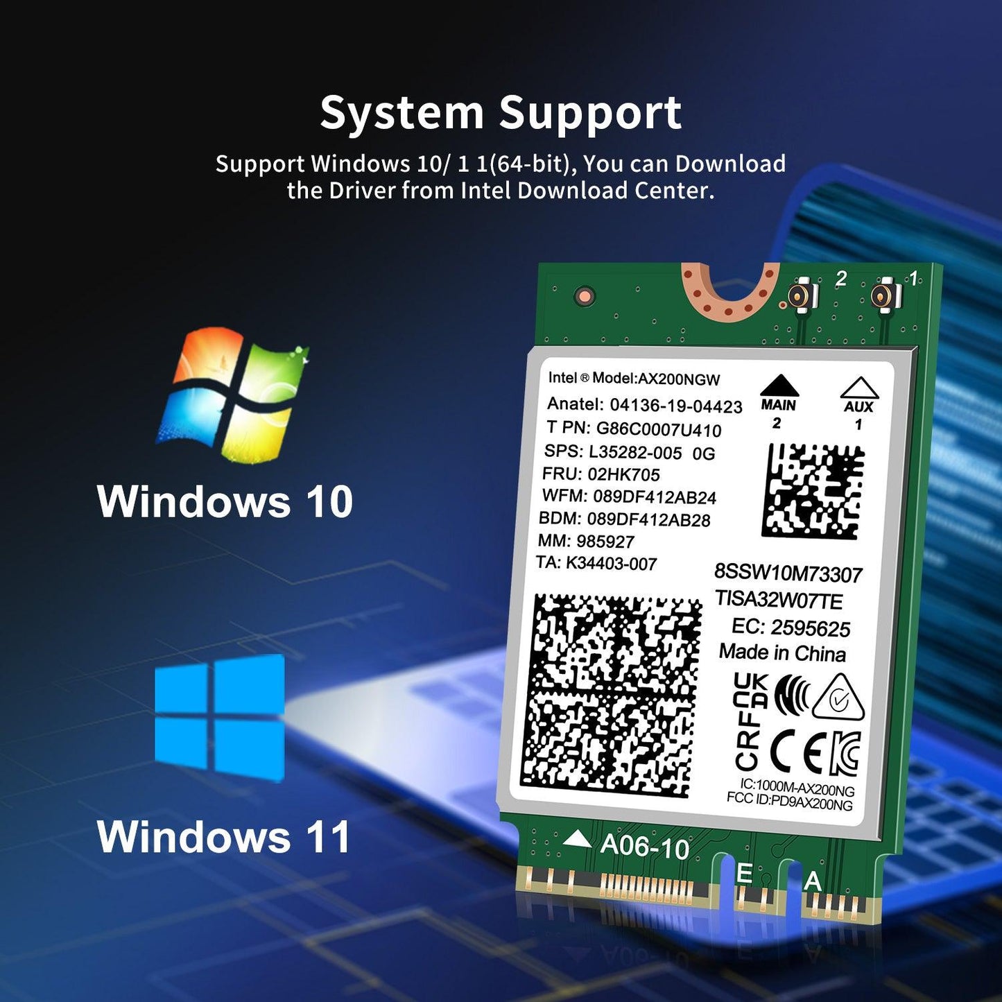 WiFi 6 Wireless Card Intel AX200 NGW, Bluetooth 5.2, 2400Mbps Network Adapter for Laptop Support Windows 10/11 (64bit) M.2/NGFF