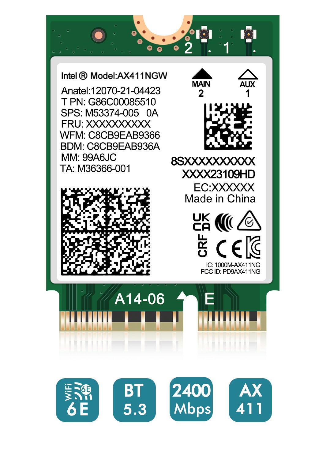 WiFi 6E Wireless Card Intel AX411 NGW. Only Support CNVio2 Protocol and Intel 12/13th Generation CPU, Bluetooth 5.3, Tri-Band 5400Mbps, Network Adapter for Laptop Support Windows 10/11 (64bit),Linux. - NICGIGA