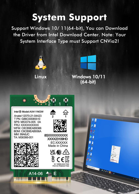 WiFi 6E Wireless Card Intel AX411 NGW. Only Support CNVio2 Protocol and Intel 12/13th Generation CPU, Bluetooth 5.3, Tri-Band 5400Mbps, Network Adapter for Laptop Support Windows 10/11 (64bit),Linux. - NICGIGA