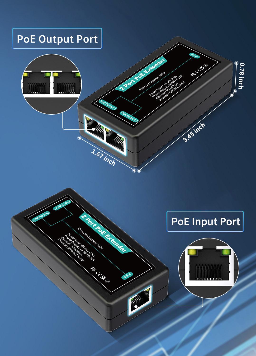 1 in 2 Out Gigabit PoE Extender, NICGIGA 2 Port PoE Repeater 100 Meters(328 ft),IEEE 802.3af/at Power Over Ethernet PoE Splitter to 2 PoE Devices Like IP Cameras, IP Phone, Wireless AP - NICGIGA