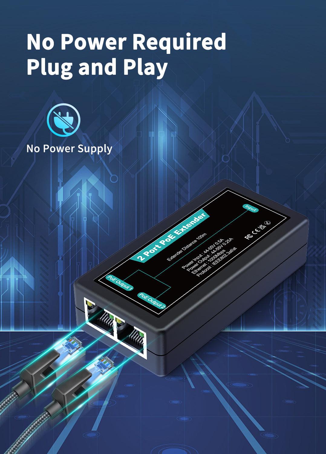 1 in 2 Out Gigabit PoE Extender, NICGIGA 2 Port PoE Repeater 100 Meters(328 ft),IEEE 802.3af/at Power Over Ethernet PoE Splitter to 2 PoE Devices Like IP Cameras, IP Phone, Wireless AP - NICGIGA