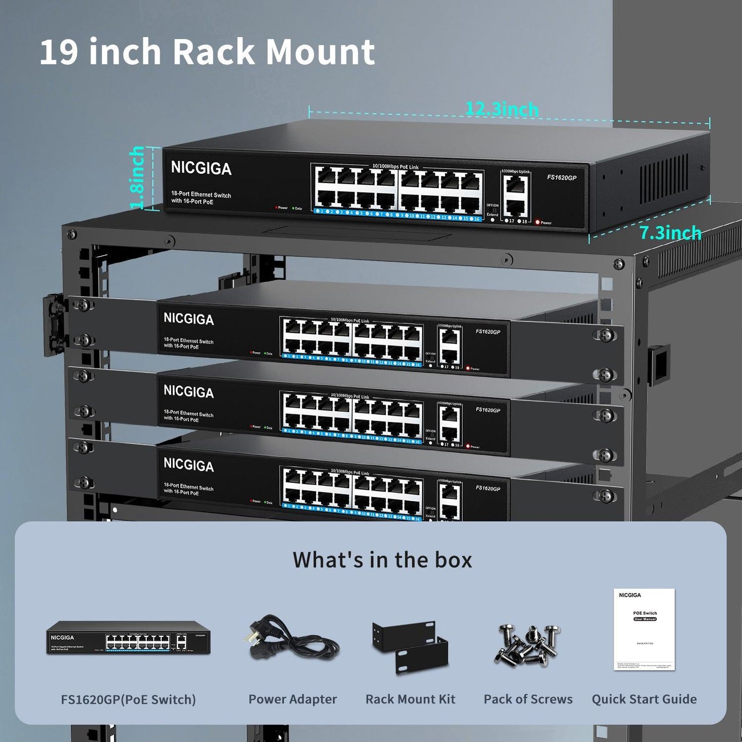 16 Port PoE Switch@250W with 2 Gigabit Uplink Port, NICGIGA 18 Port Ethernet PoE Switch, VLAN Mode, Extend to 250m, Sturdy Metal Case, 19 inch RackMount, Plug and Play, Unmanaged