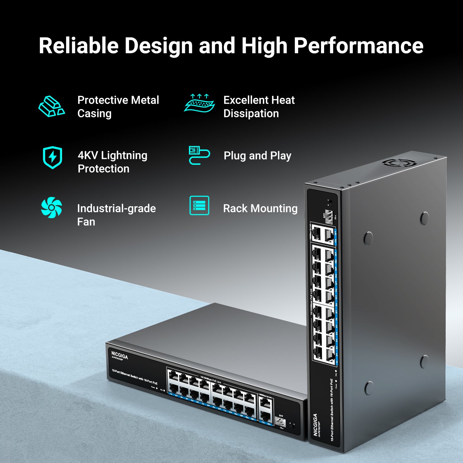 16-Port-PoE-Switch bei 250 W mit 2 Gigabit-Uplink-Ports, NICGIGA 18-Port-Ethernet-PoE-Switch, VLAN-Modus, erweiterbar auf 250 m, stabiles Metallgehäuse, 19-Zoll-Rackmontage, Plug-and-Play, nicht verwaltet