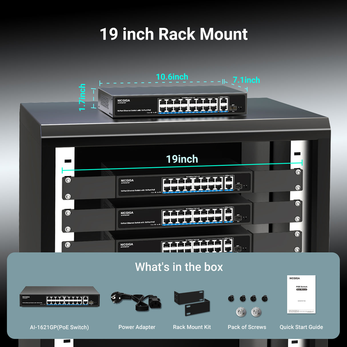 16-Port-PoE-Switch bei 250 W mit 2 Gigabit-Uplink-Ports, NICGIGA 18-Port-Ethernet-PoE-Switch, VLAN-Modus, erweiterbar auf 250 m, stabiles Metallgehäuse, 19-Zoll-Rackmontage, Plug-and-Play, nicht verwaltet