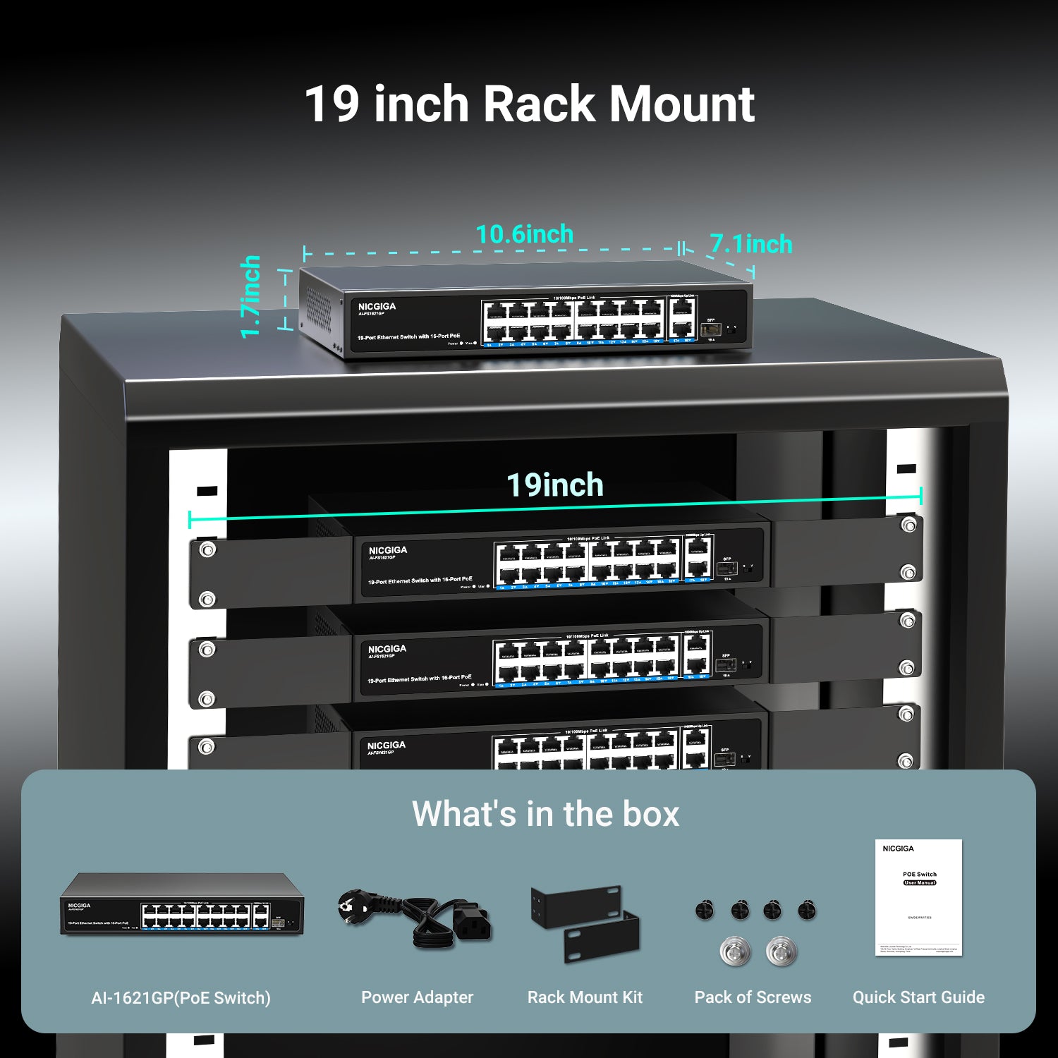 16-Port-PoE-Switch bei 250 W mit 2 Gigabit-Uplink-Ports, NICGIGA 18-Port-Ethernet-PoE-Switch, VLAN-Modus, erweiterbar auf 250 m, stabiles Metallgehäuse, 19-Zoll-Rackmontage, Plug-and-Play, nicht verwaltet