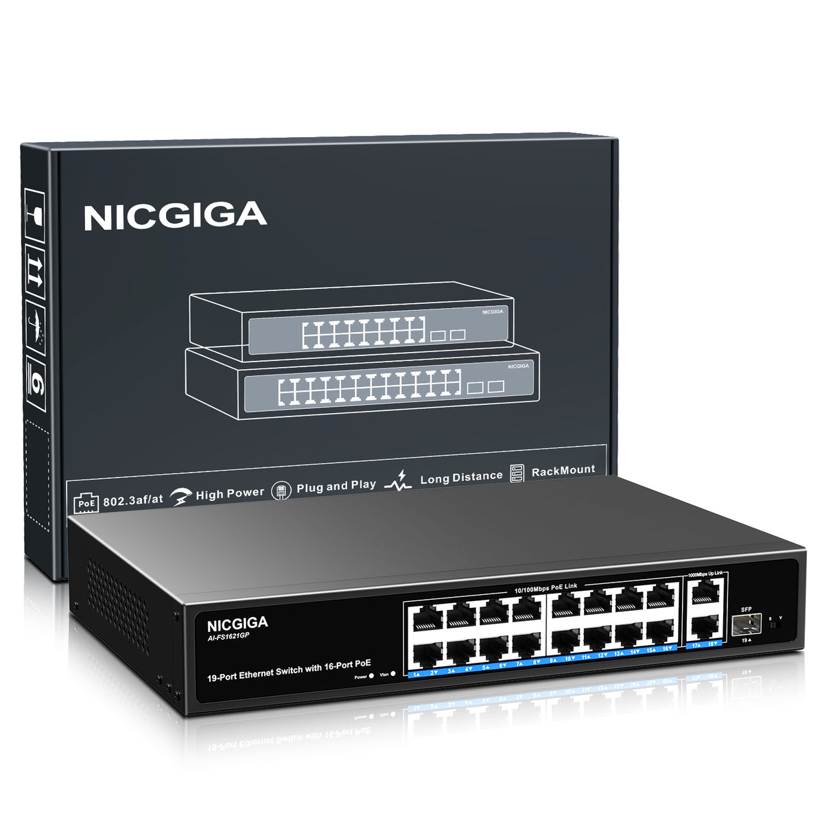 16-Port-PoE-Switch bei 250 W mit 2 Gigabit-Uplink-Ports, NICGIGA 18-Port-Ethernet-PoE-Switch, VLAN-Modus, erweiterbar auf 250 m, stabiles Metallgehäuse, 19-Zoll-Rackmontage, Plug-and-Play, nicht verwaltet