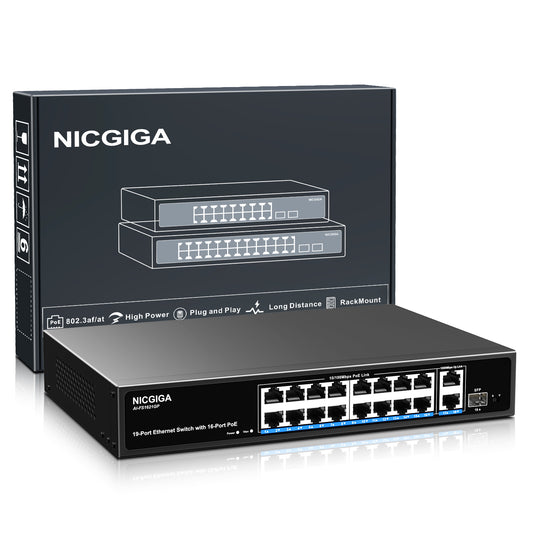 16 Port PoE Switch Unmanaged, 16 Port PoE+@250W, 2 Gigabit Uplink Ports, 1 SFP Port, NICGIGA 19 Port Network Power Over Ethernet Switch, VLAN Mode, AI Watchdog 19 inch RackMount, Plug and Play.