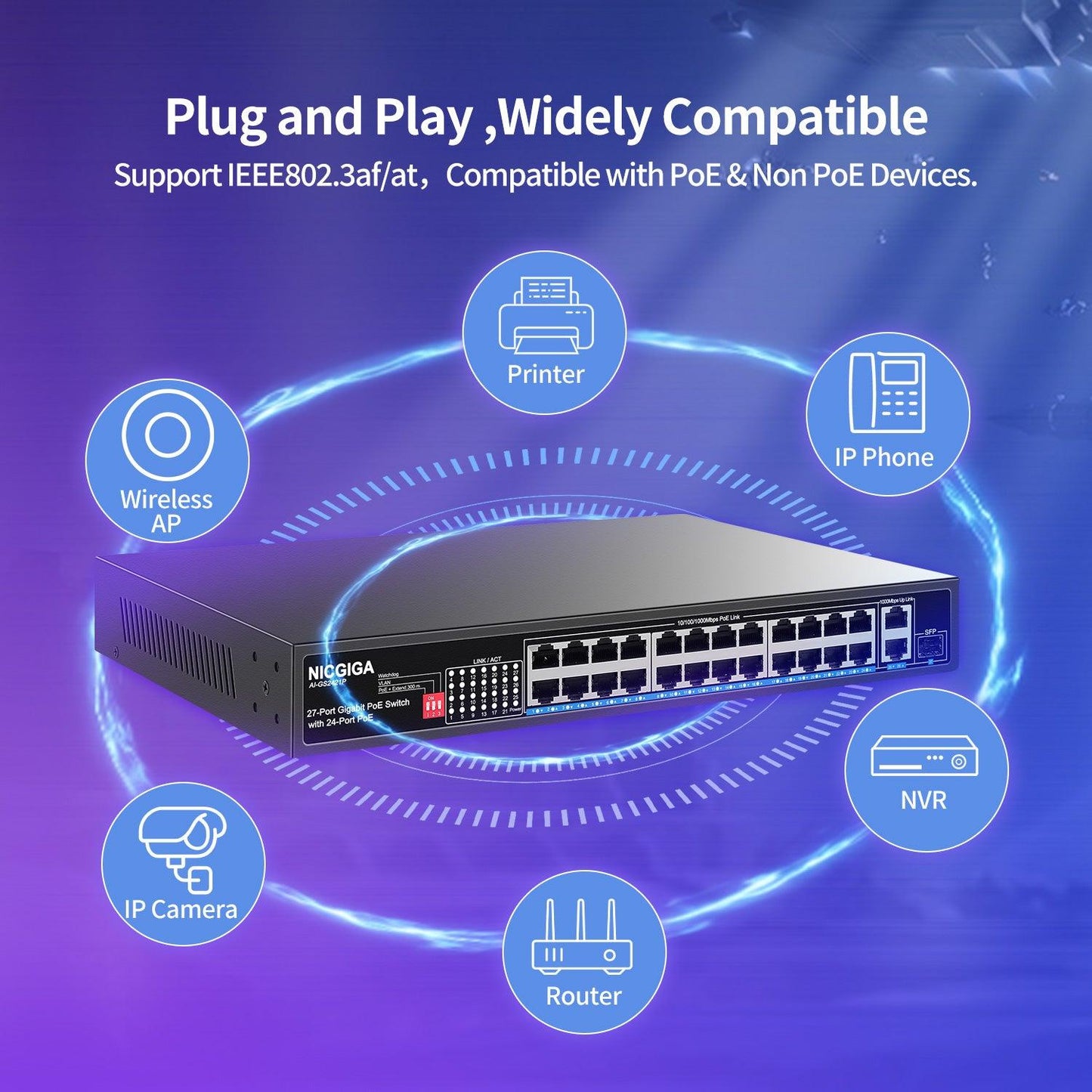 NICGIGA 24 Port Gigabit PoE Switch with 24 Port PoE+@300W, 2 Gigabit Uplink Port, 1 SFP, Sturdy Metal for Desktop/Rack Mount, AI Watchdog, VLAN Mode, Plug and Play, Unmanaged Power Over Ethernet