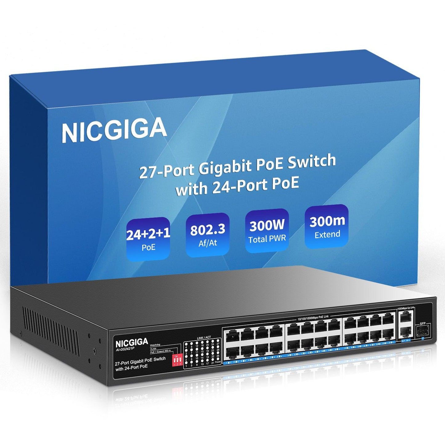NICGIGA 24 Port Gigabit PoE Switch with 24 Port PoE+@300W, 2 Gigabit Uplink Port, 1 SFP, Sturdy Metal for Desktop/Rack Mount, AI Watchdog, VLAN Mode, Plug and Play, Unmanaged Power Over Ethernet