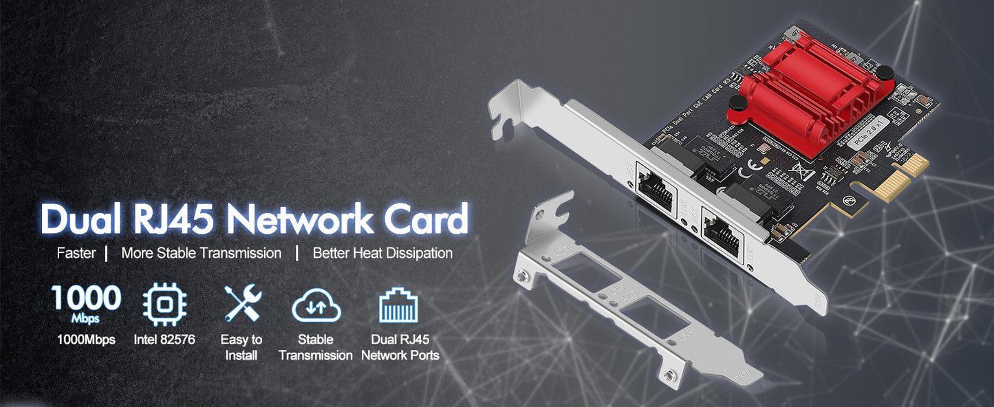 Dual LAN Gigabit Network Card, NICGIGA 2 * 1000Mbps Ethernet Interface Adapter, with Intel 82575/82576, 2 Port PCIe NIC, Support Windows/Windows Server/Linux/Freebsd/DOS