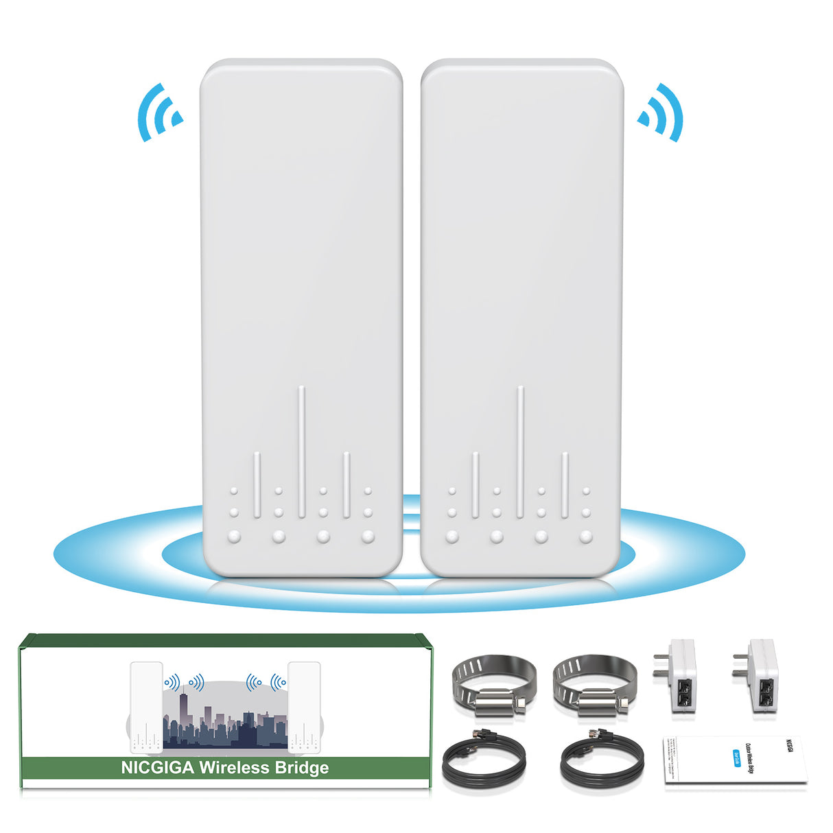 Outdoor Wireless Bridge, NICGIGA 5.8G 3KM Transmission WiFi Point-to-Point Wireless Ethernet Bridge Router, with 2 100Mbps RJ45 LAN Ports, 2-Pack CPE, Factory Pairing Without Setting, Plug and Play.