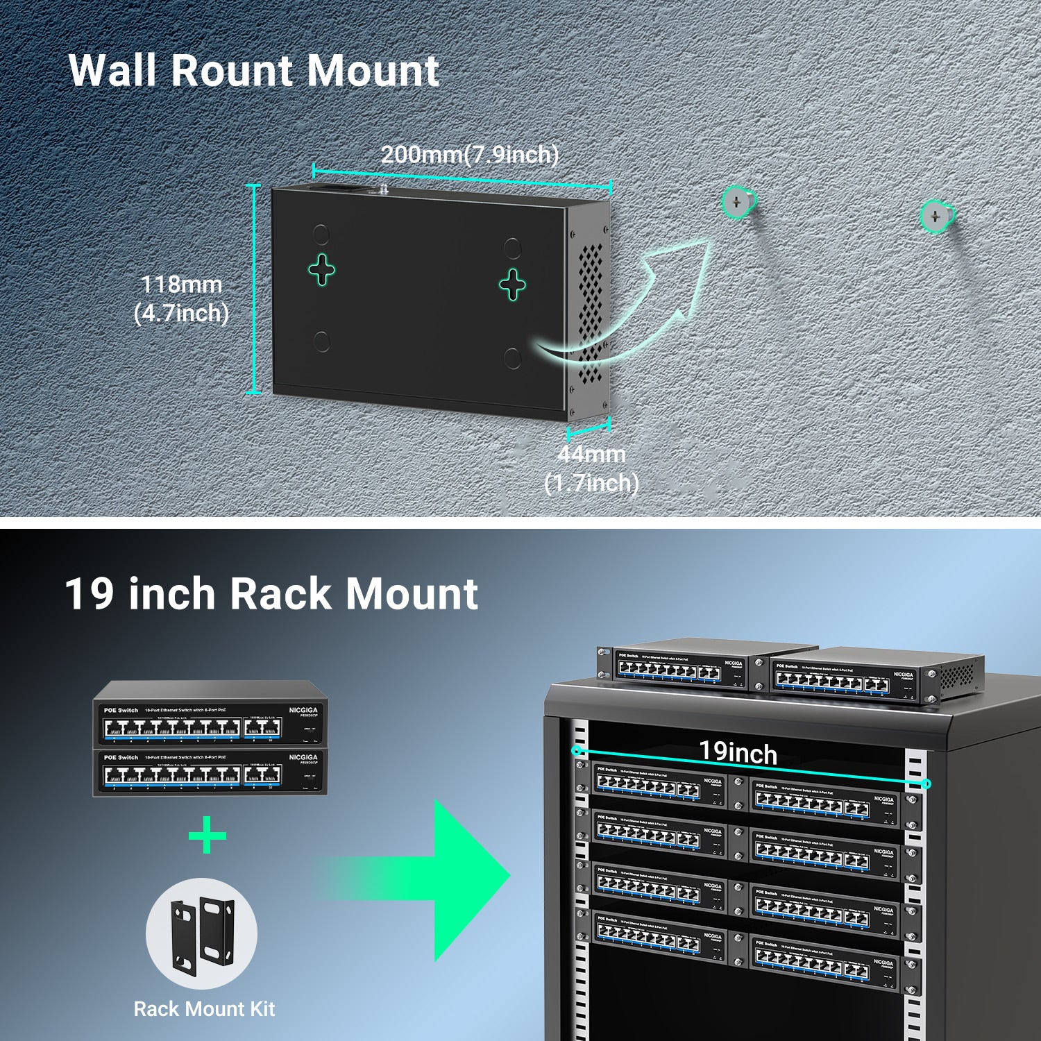 8 Port PoE Switch with 8 Ports 100Mbps PoE+@120W + 2 * Gigabit Uplink Port, NICGIGA 10 Port 802.3af/at Power Over Ethernet Network Switch Unmanaged, VLAN and 250m Extender Mode, Fanless.