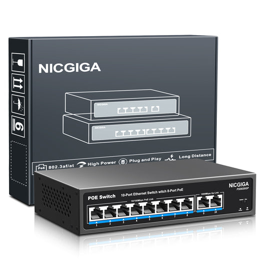 8 Port PoE Switch with 8 Ports 100Mbps PoE+@120W + 2 * Gigabit Uplink Port, NICGIGA 10 Port 802.3af/at Power Over Ethernet Network Switch Unmanaged, VLAN and 250m Extender Mode, Fanless.