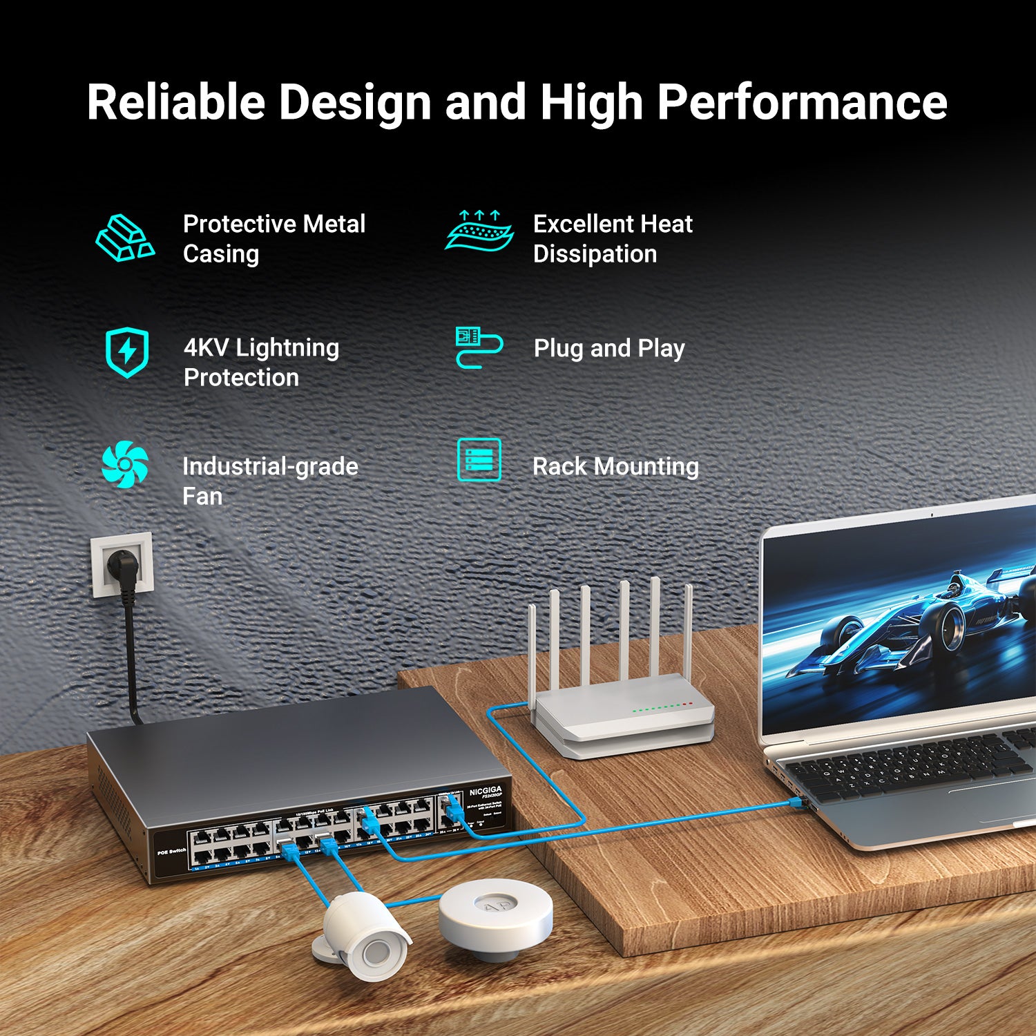 Unverwalteter 24-Port-PoE-Switch, 24-Port-PoE+@320 W, 2 Gigabit-Uplink-Ports, NICGIGA 26-Port-Netzwerk-Power-Over-Ethernet-Switch, VLAN-Modus, 250 m Verlängerung, 19-Zoll-Rackmontage, Plug-and-Play.