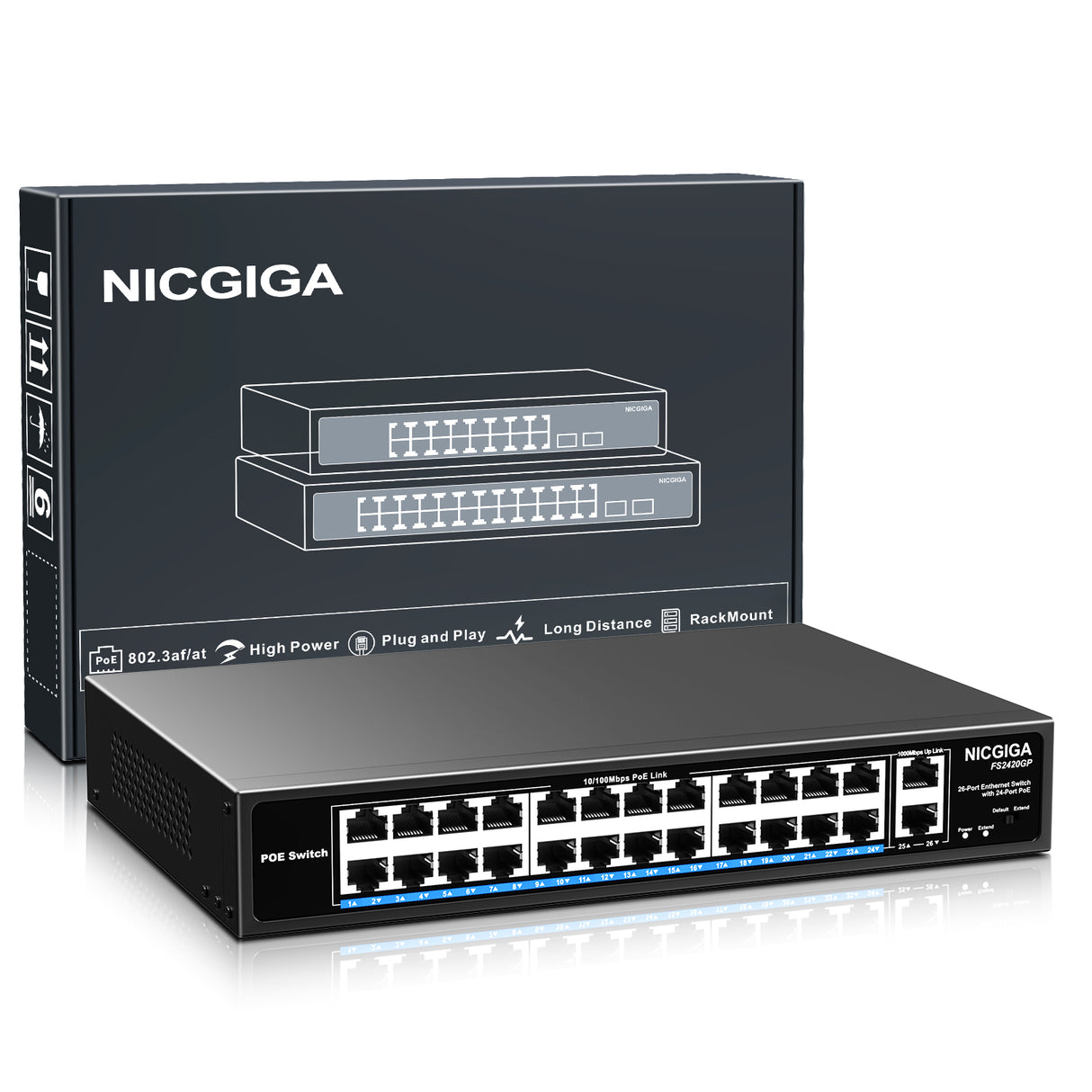 Unverwalteter 24-Port-PoE-Switch, 24-Port-PoE+@320 W, 2 Gigabit-Uplink-Ports, NICGIGA 26-Port-Netzwerk-Power-Over-Ethernet-Switch, VLAN-Modus, 250 m Verlängerung, 19-Zoll-Rackmontage, Plug-and-Play.