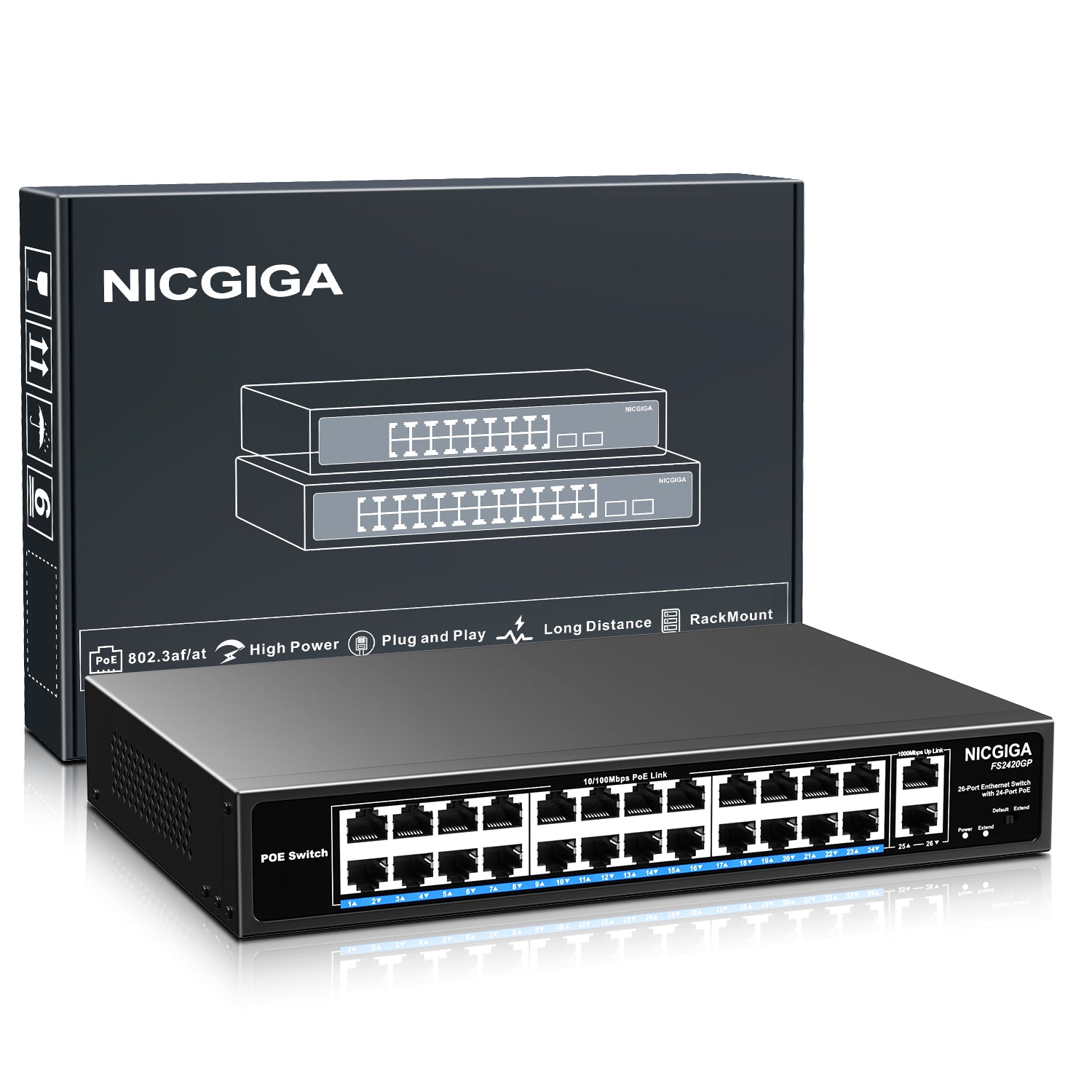 Unverwalteter 24-Port-PoE-Switch, 24-Port-PoE+@320 W, 2 Gigabit-Uplink-Ports, NICGIGA 26-Port-Netzwerk-Power-Over-Ethernet-Switch, VLAN-Modus, 250 m Verlängerung, 19-Zoll-Rackmontage, Plug-and-Play.