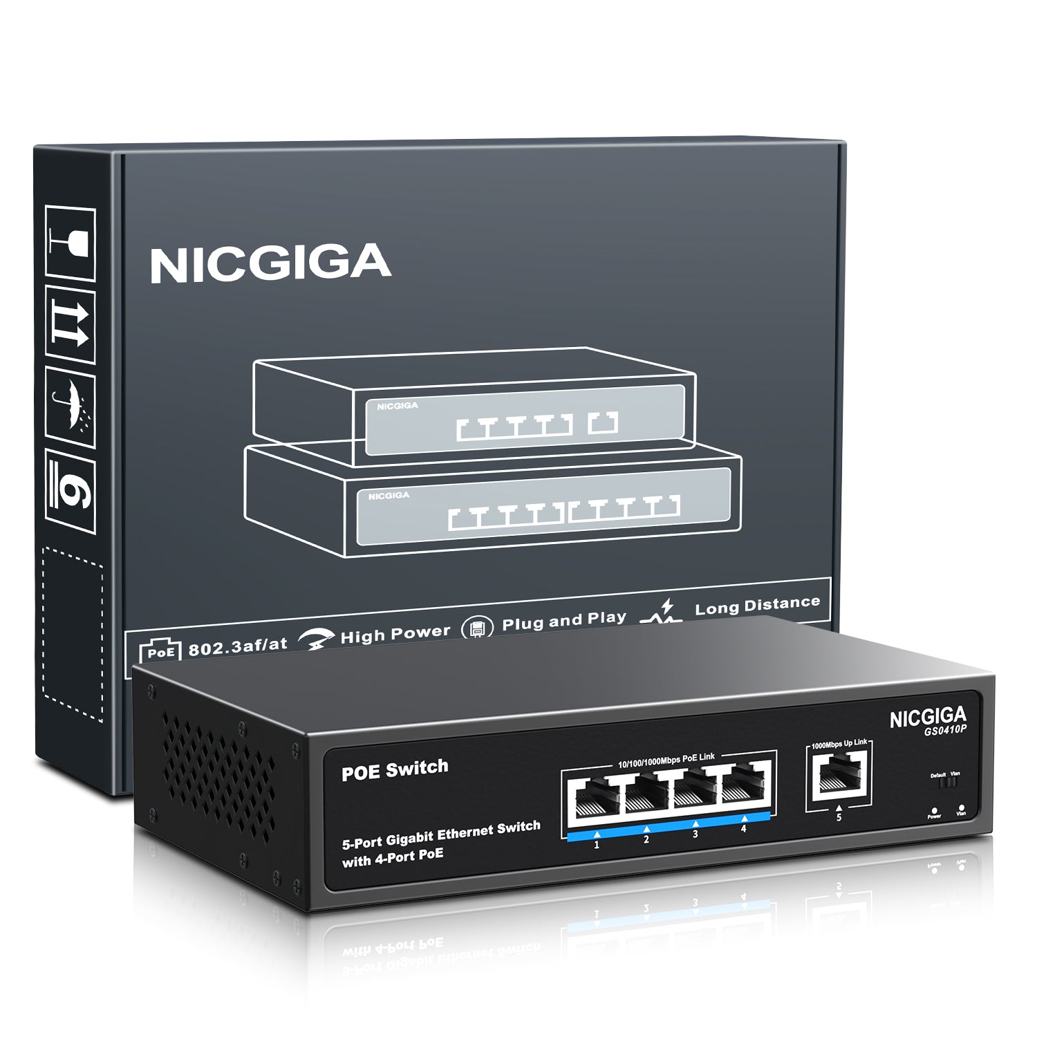 4 Port Gigabit PoE Switch Unmanaged with 4 Port IEEE802.3af/at PoE @78W, 1 x 1000Mbps Uplink, NICGIGA 5 Port Network Power Over Ethernet Switch, VLAN Mode, Desktop/Wall-Mount.