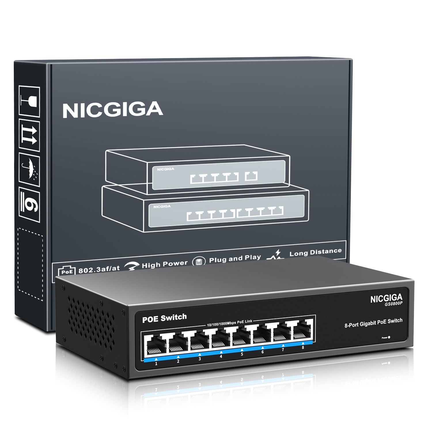 NICGIGA 8-Port-Gigabit-PoE-Switch, 8 Ports PoE+@120 W, 2 Uplink-Ports, 802.3af/at, VLAN-Modus, lüfterlos. Nicht verwalteter Power-Over-Ethernet-Netzwerk-Switch