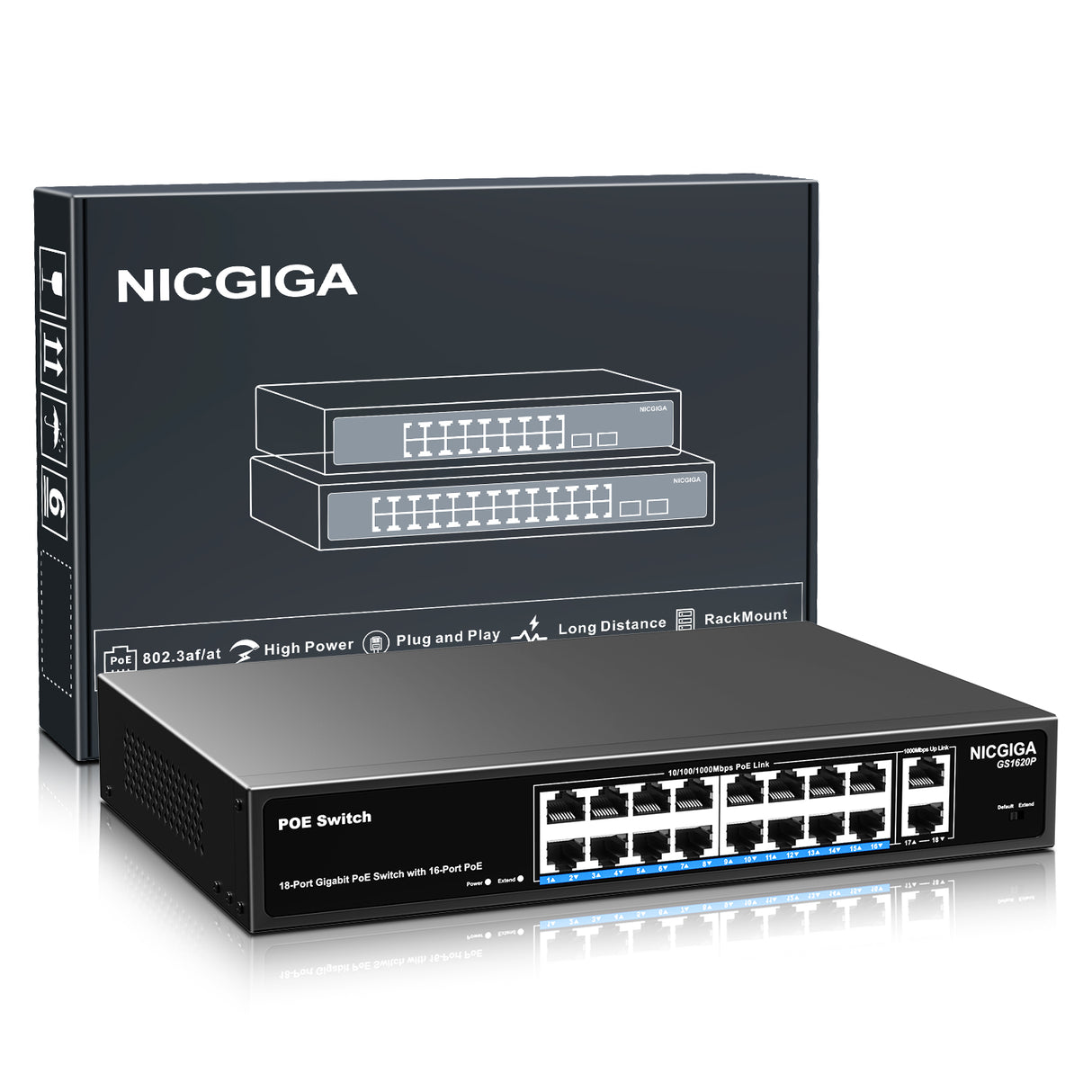 NICGIGA 18 Port PoE+@250W Switch - 16 Ports, 2 Gigabit Uplink, VLAN Mode, RackMount, Plug and Play