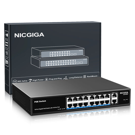 NICGIGA 18 Port PoE+@250W Switch - 16 Ports, 2 Gigabit Uplink, VLAN Mode, RackMount, Plug and Play