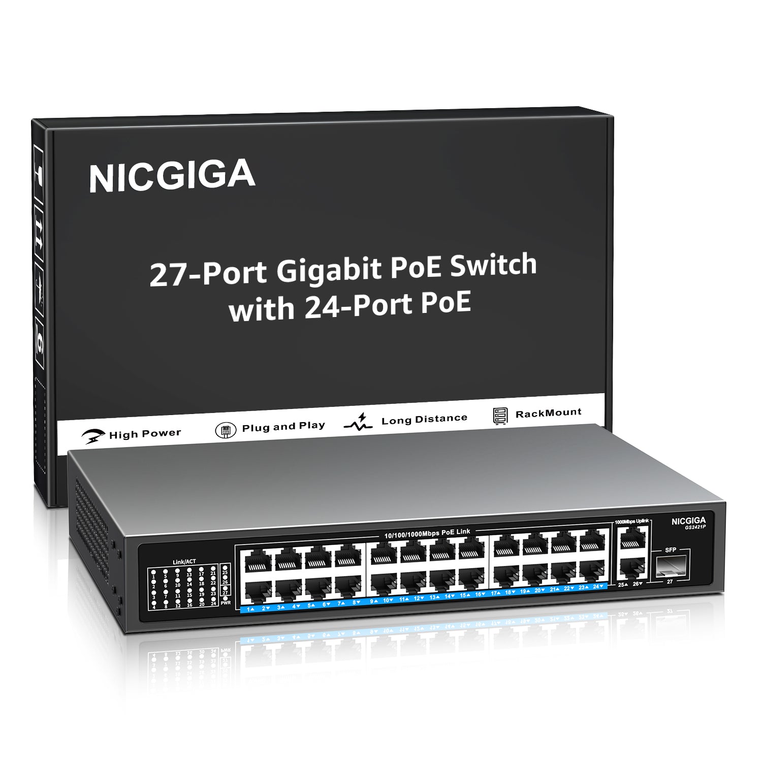NICGIGA 24-Port-Gigabit-PoE-Switch mit 24 Ports PoE+@300 W, 2 Gigabit-Uplink-Ports, 1 SFP, stabiles Metall für Desktop-/Rack-Montage, AI Watchdog, VLAN-Modus, Plug-and-Play, nicht verwaltete Stromversorgung über Ethernet