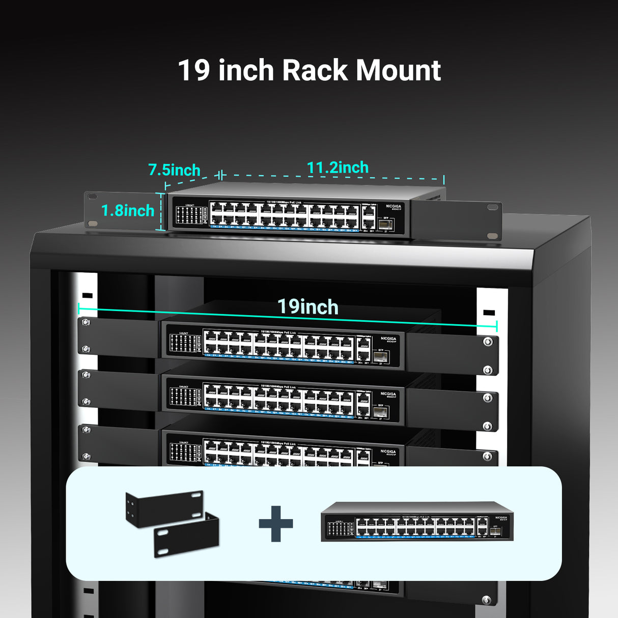 NICGIGA 24-Port-Gigabit-PoE-Switch mit 24 Ports PoE+@300 W, 2 Gigabit-Uplink-Ports, 1 SFP, stabiles Metall für Desktop-/Rack-Montage, AI Watchdog, VLAN-Modus, Plug-and-Play, nicht verwaltete Stromversorgung über Ethernet