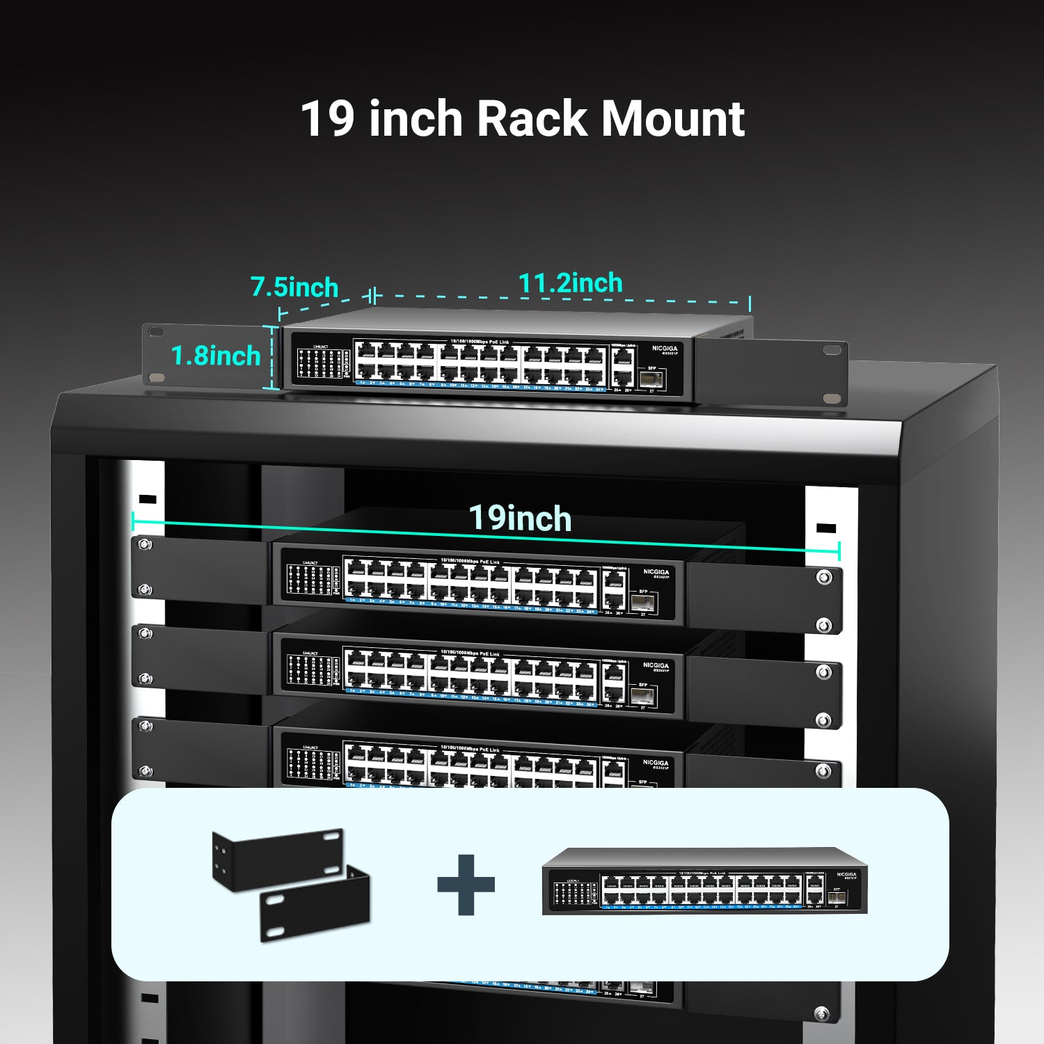 NICGIGA 24-Port-Gigabit-PoE-Switch mit 24 Ports PoE+@300 W, 2 Gigabit-Uplink-Ports, 1 SFP, stabiles Metall für Desktop-/Rack-Montage, AI Watchdog, VLAN-Modus, Plug-and-Play, nicht verwaltete Stromversorgung über Ethernet