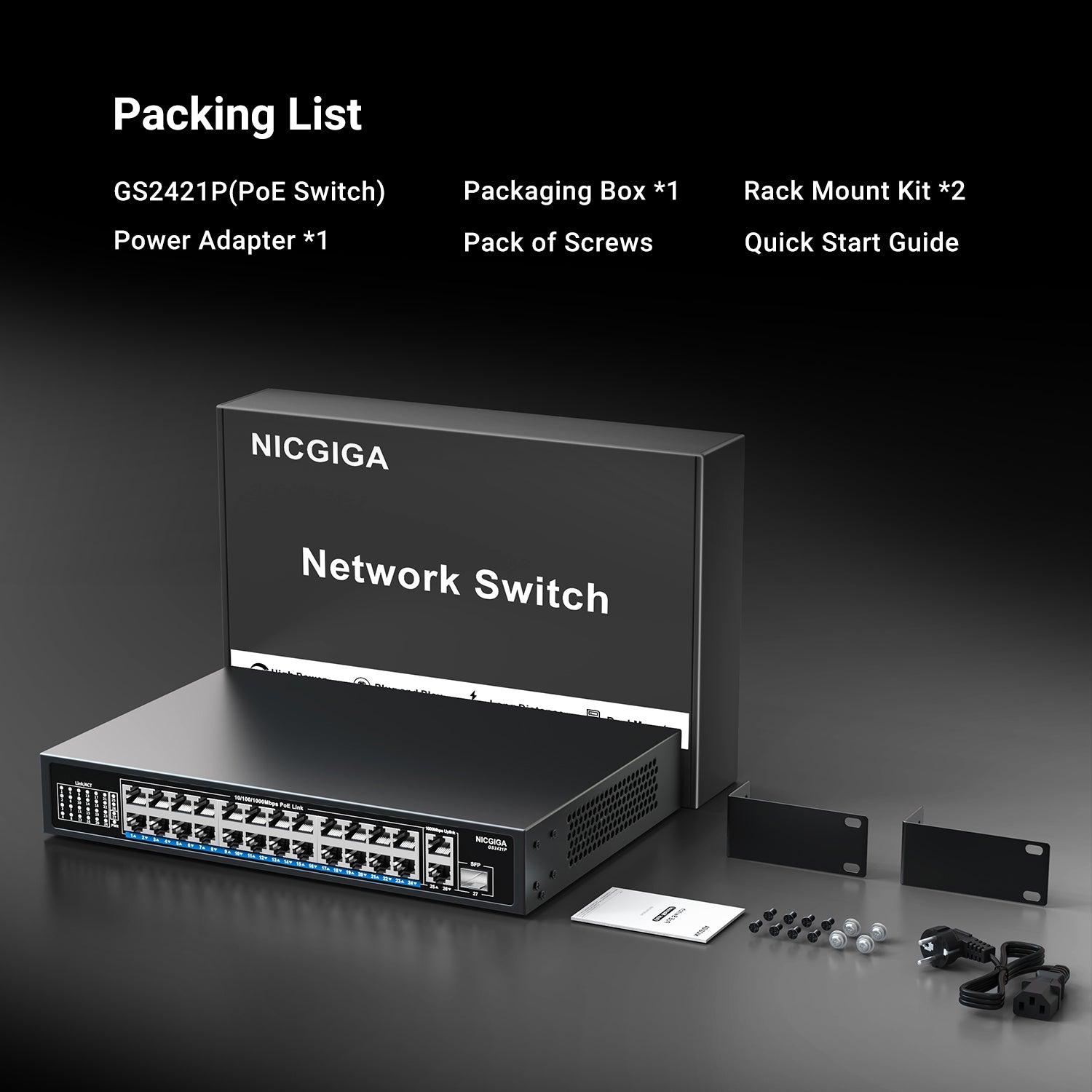 NICGIGA 24-Port-Gigabit-PoE-Switch mit 24 Ports PoE+@300 W, 2 Gigabit-Uplink-Ports, 1 SFP, stabiles Metall für Desktop-/Rack-Montage, AI Watchdog, VLAN-Modus, Plug-and-Play, nicht verwaltete Stromversorgung über Ethernet