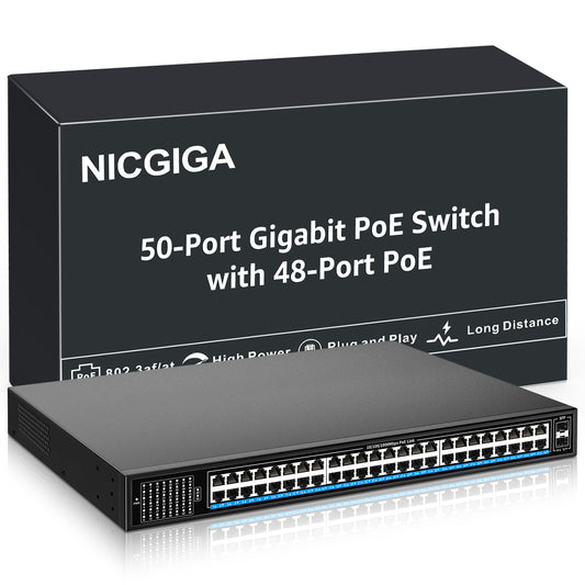 48 Port Gigabit PoE Switch Unmanaged with 48 Port IEEE802.3af/at PoE+@400W, 2 x 1G SFP, NICGIGA 50 Port Network Power Over Ethernet Switch, Desktop/Rackmount