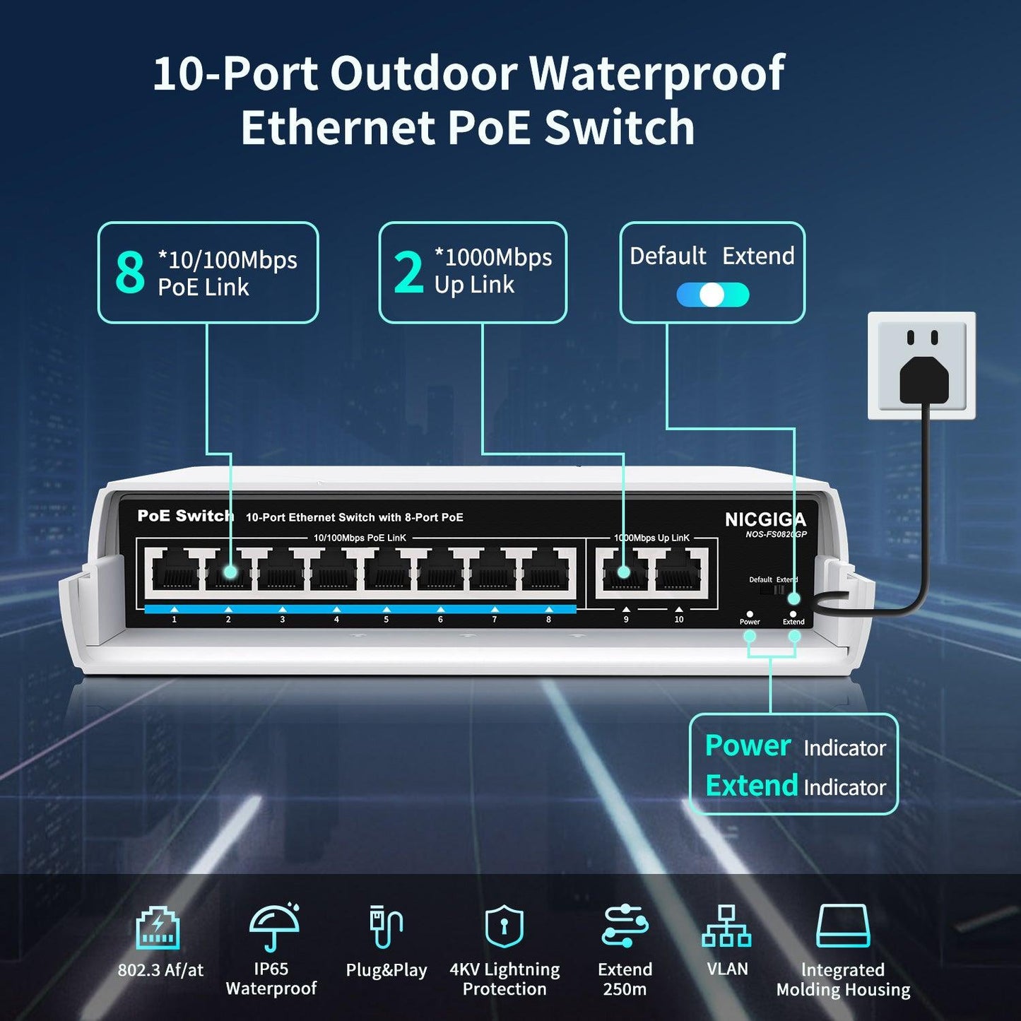 Outdoor Waterproof 8-Port PoE Switch with 8 Port PoE+@120W + Gigabit Uplink Port, NICGIGA 10 Port IEEE802.3af/at Power Over Ethernet Switch Unmanaged with VLAN and 250m Extender Function, Plug & Play