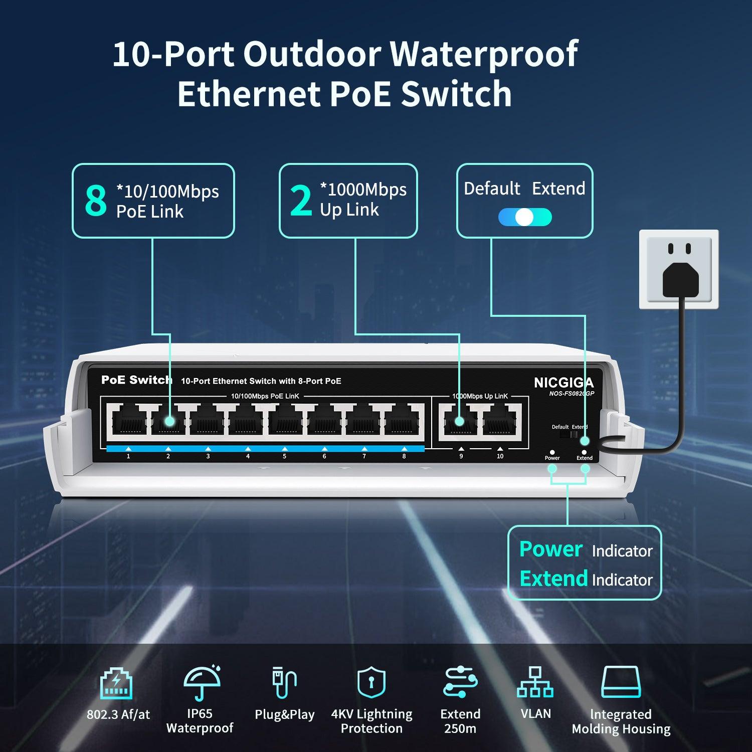 Outdoor Waterproof 8-Port PoE Switch with 8 Port PoE+@120W + Gigabit Uplink Port, 10 Port IEEE802.3af/at Power Over Ethernet Switch Unmanaged with VLAN and 250m Extender Function, Plug & Play - NICGIGA