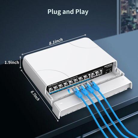 Outdoor Waterproof 8-Port PoE Switch with 8 Port PoE+@120W + Gigabit Uplink Port, 10 Port IEEE802.3af/at Power Over Ethernet Switch Unmanaged with VLAN and 250m Extender Function, Plug & Play - NICGIGA