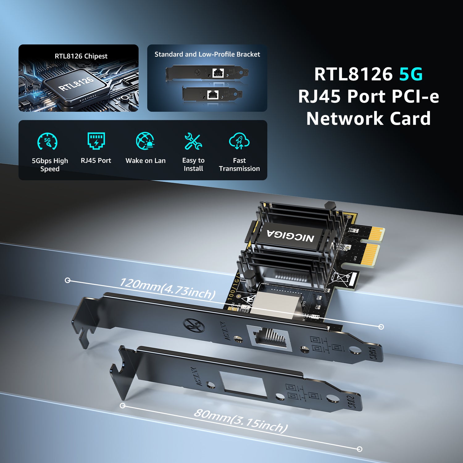 5Gb Base-T Network Card, Realtek RTL8126 Controller, NICGIGA 5G PCIe Ethernet Adapter Support WOL, 5Gbe RJ45 Port NIC Card, Windows10/11/Windows Server/Linux
