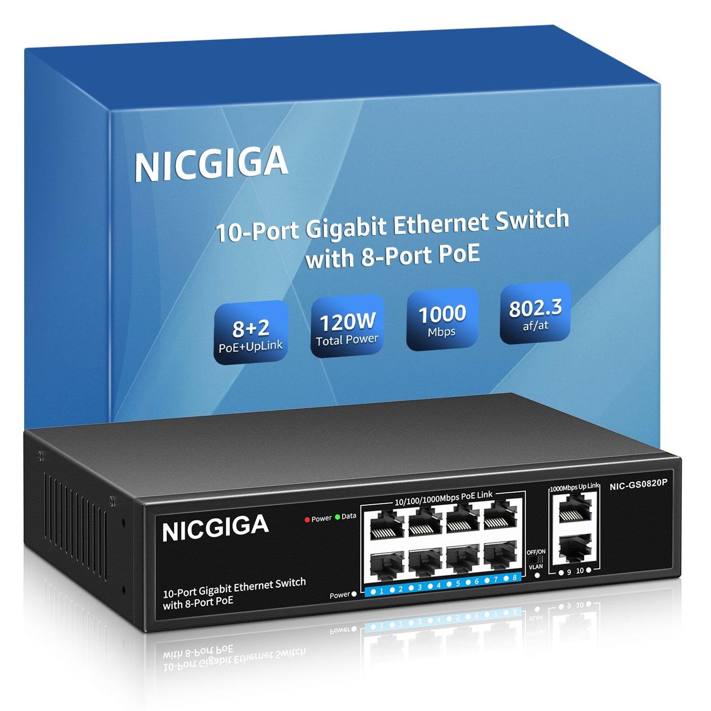 NICGIGA 8 Port Gigabit PoE Switch, 8 Ports PoE+@120W, 2 Uplink Port, 802.3af/at, VLAN Mode, Fanless. Unmanaged Power Over Ethernet Network Switch