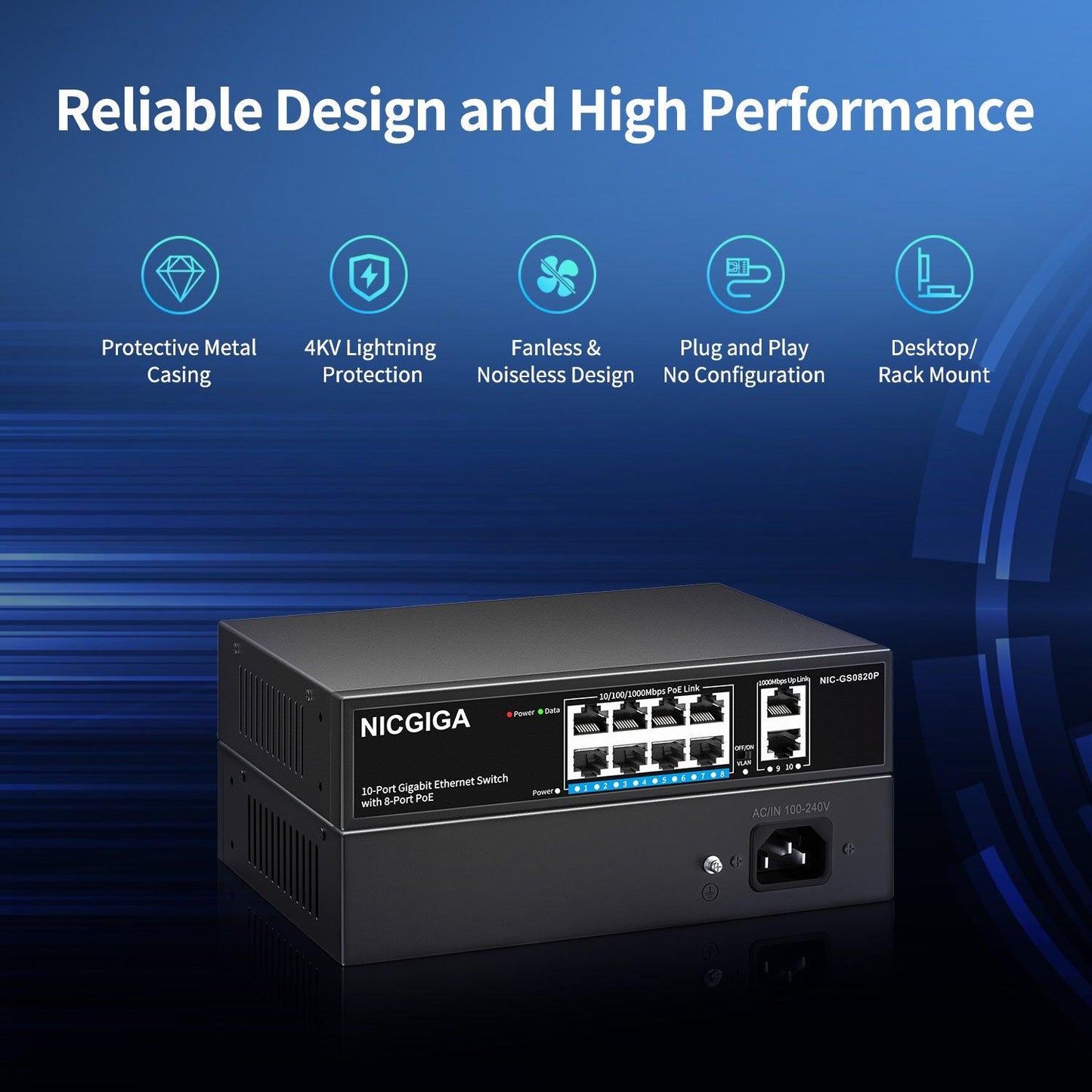NICGIGA 8 Port Gigabit PoE Switch, 8 Ports PoE+@120W, 2 Uplink Port, 802.3af/at, VLAN Mode, Fanless. Unmanaged Power Over Ethernet Network Switch