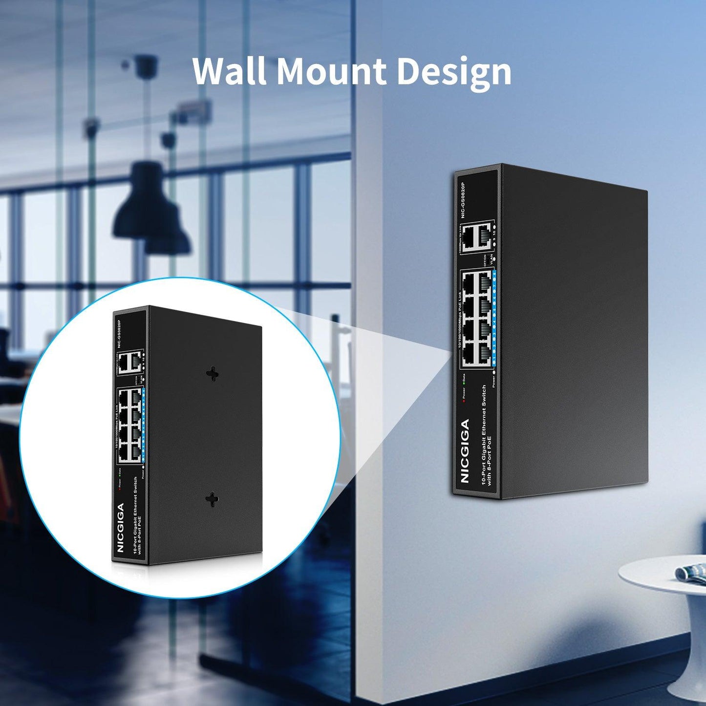 NICGIGA 8 Port Gigabit PoE Switch, 8 Ports PoE+@120W, 2 Uplink Port, 802.3af/at, VLAN Mode, Fanless. Unmanaged Power Over Ethernet Network Switch