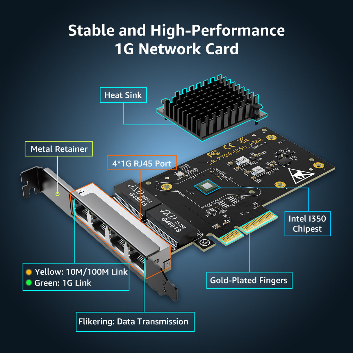 4 Port Gigabit Base-T Network Card, Intel I350 Controller, NICGIGA 4 Port 1G PCIe Ethernet Adapter, 4 x 1Gbe RJ45 Port NIC Card, Windows10/11/Windows Server/Linux
