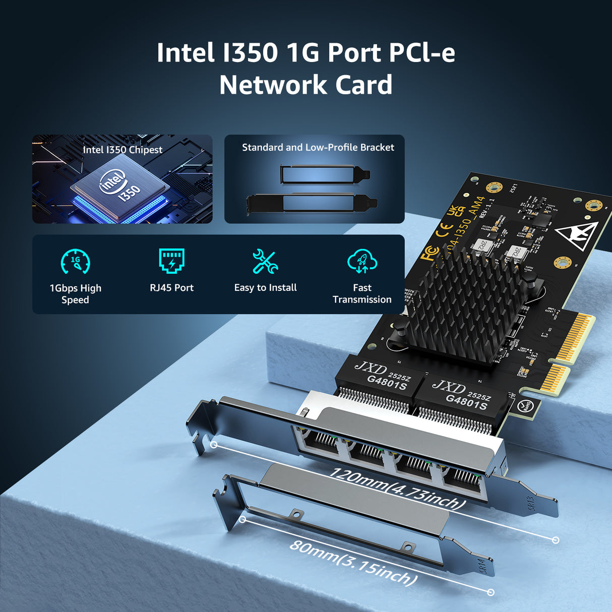 4 Port Gigabit Base-T Network Card, Intel I350 Controller, NICGIGA 4 Port 1G PCIe Ethernet Adapter, 4 x 1Gbe RJ45 Port NIC Card, Windows10/11/Windows Server/Linux